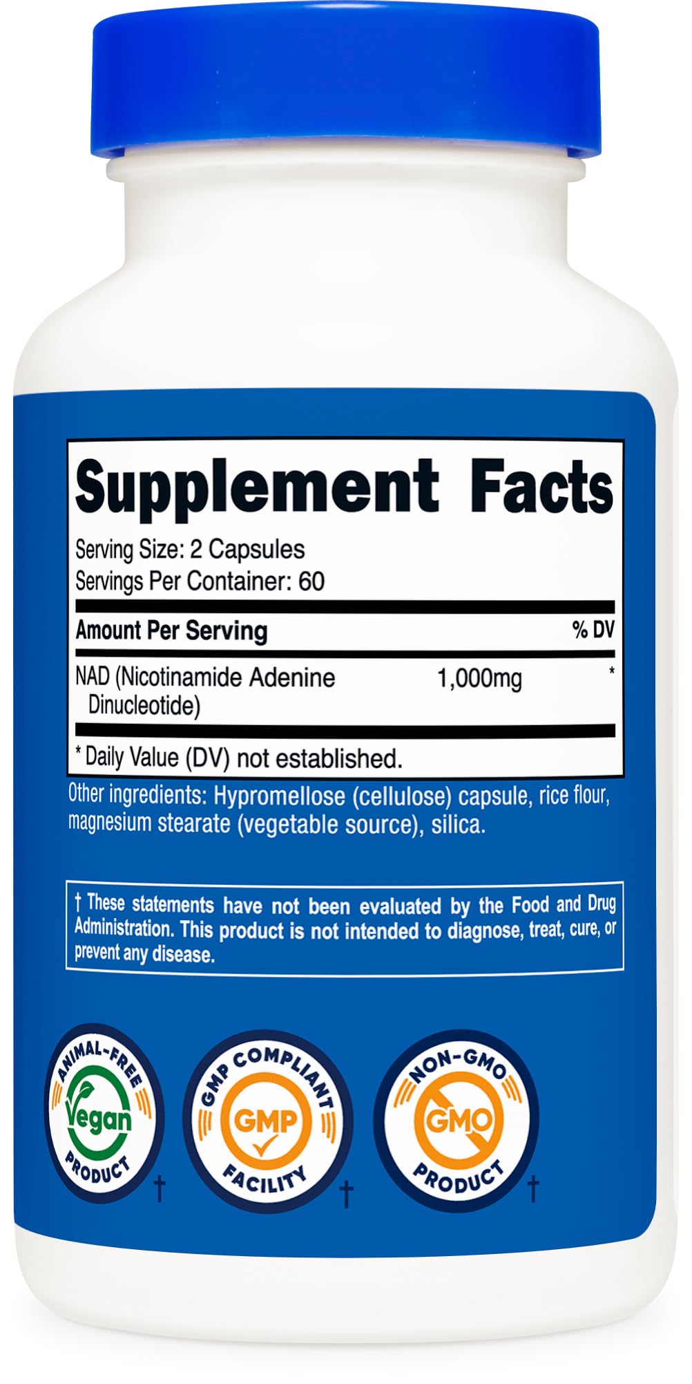 Nutricost NAD+ 120 capsules packaging on a wooden surface