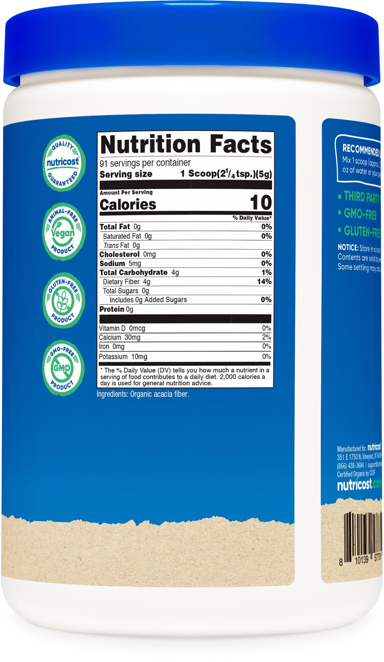 Nutricost Organic Acacia Fiber Powder 1 LB container with a scoop