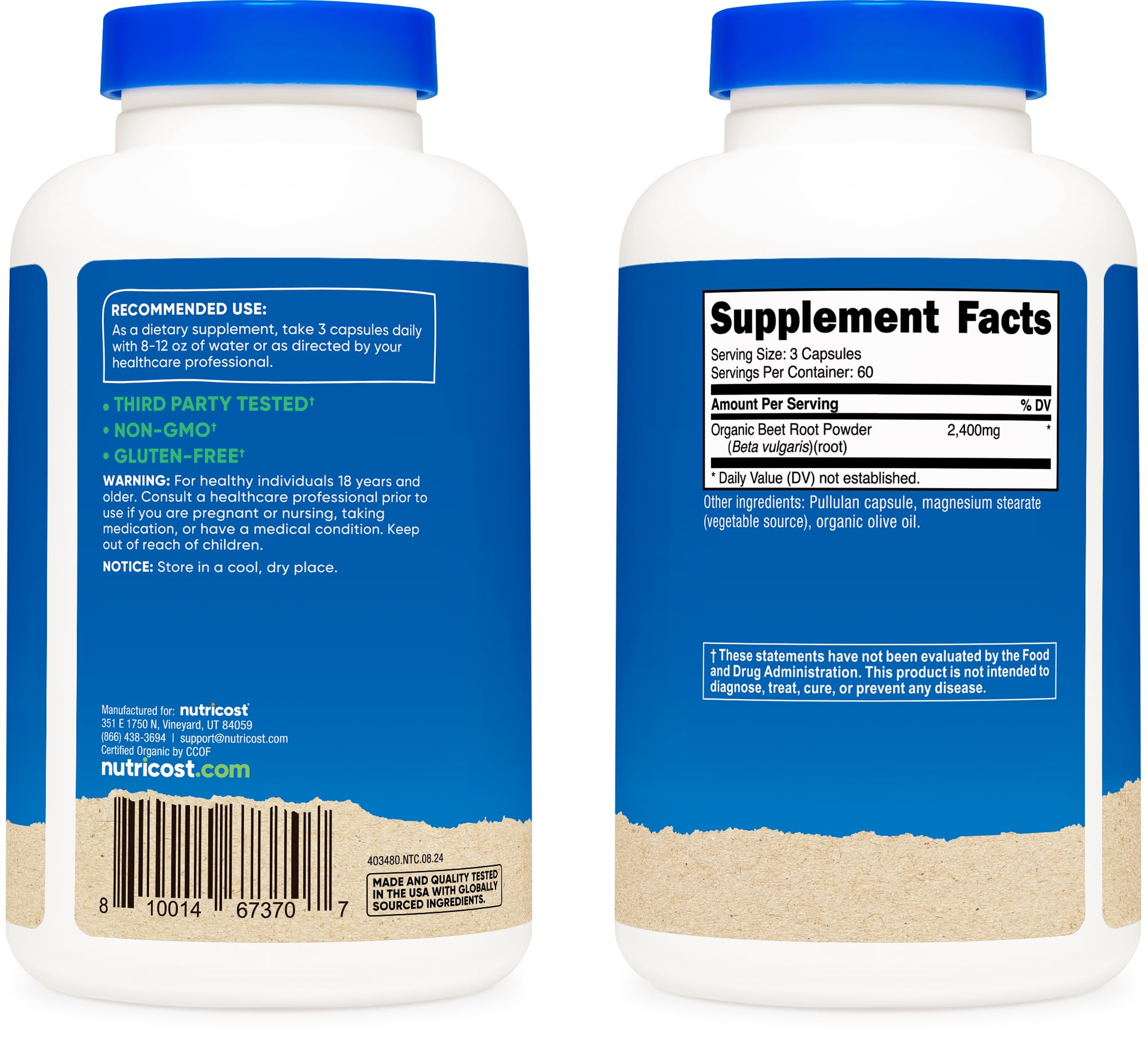 Nutricost Organic Beet Root Capsules 2400mg bottle with label