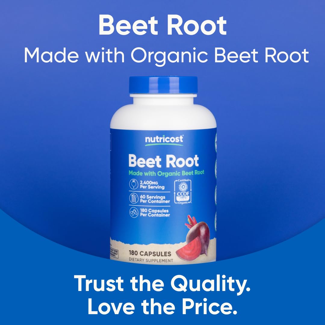 Nutricost Organic Beet Root Capsules 2400mg capsules in hand