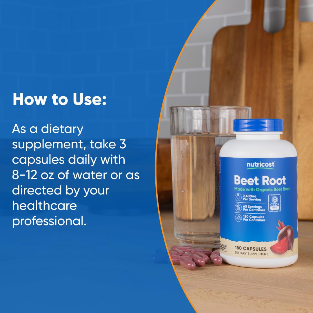 Nutricost Organic Beet Root Capsules 2400mg capsules on a table