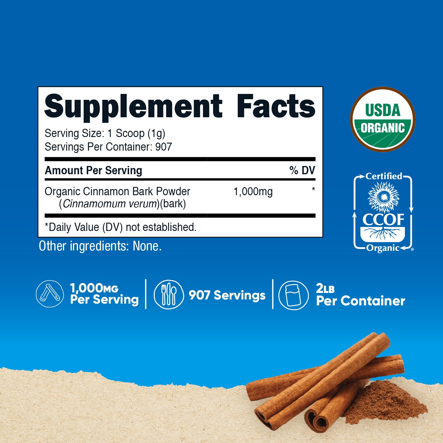Nutricost Organic Ceylon Cinnamon Bark Powder back view with nutritional information