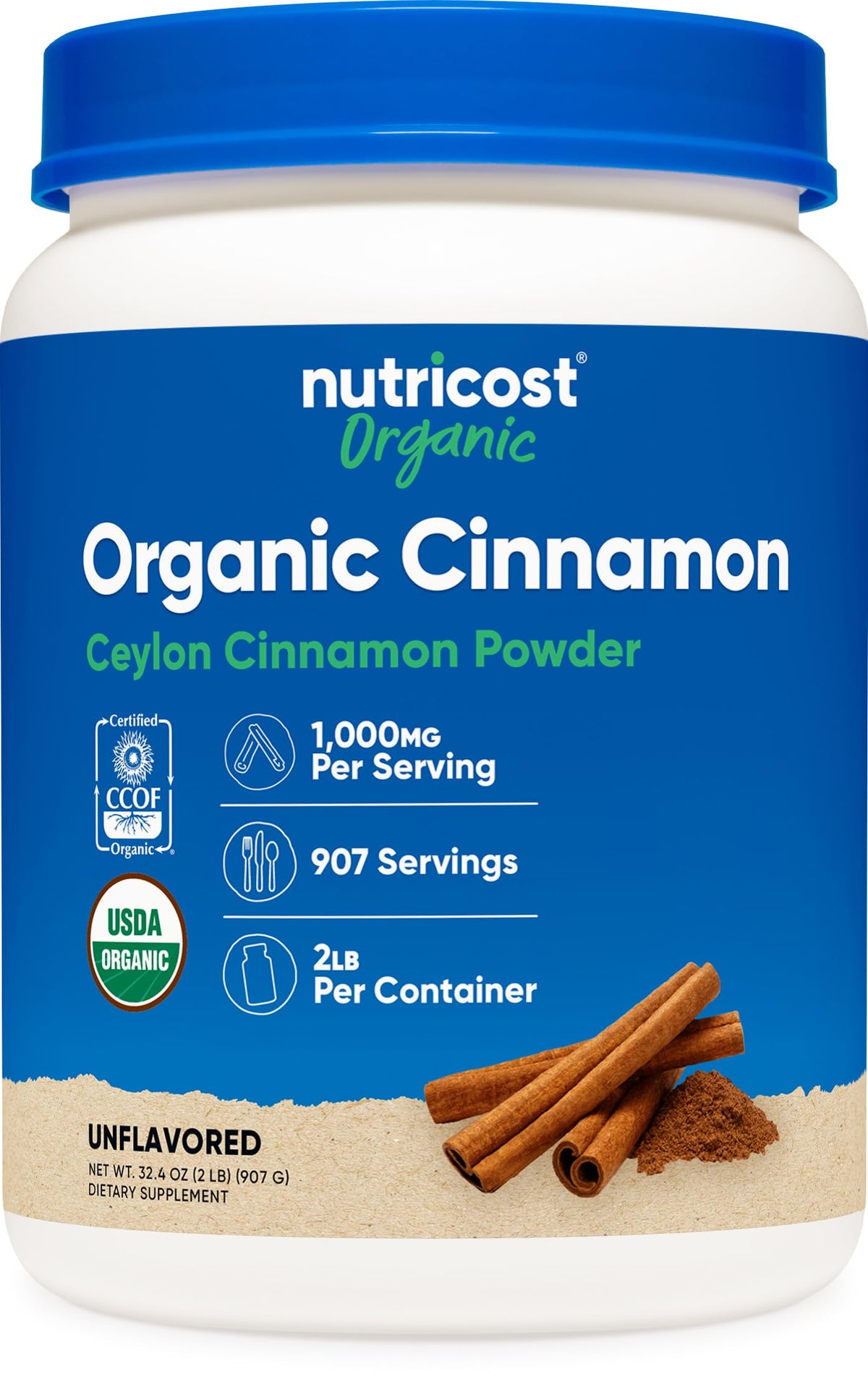 Nutricost Organic Ceylon Cinnamon Bark Powder front view 2lbs container
