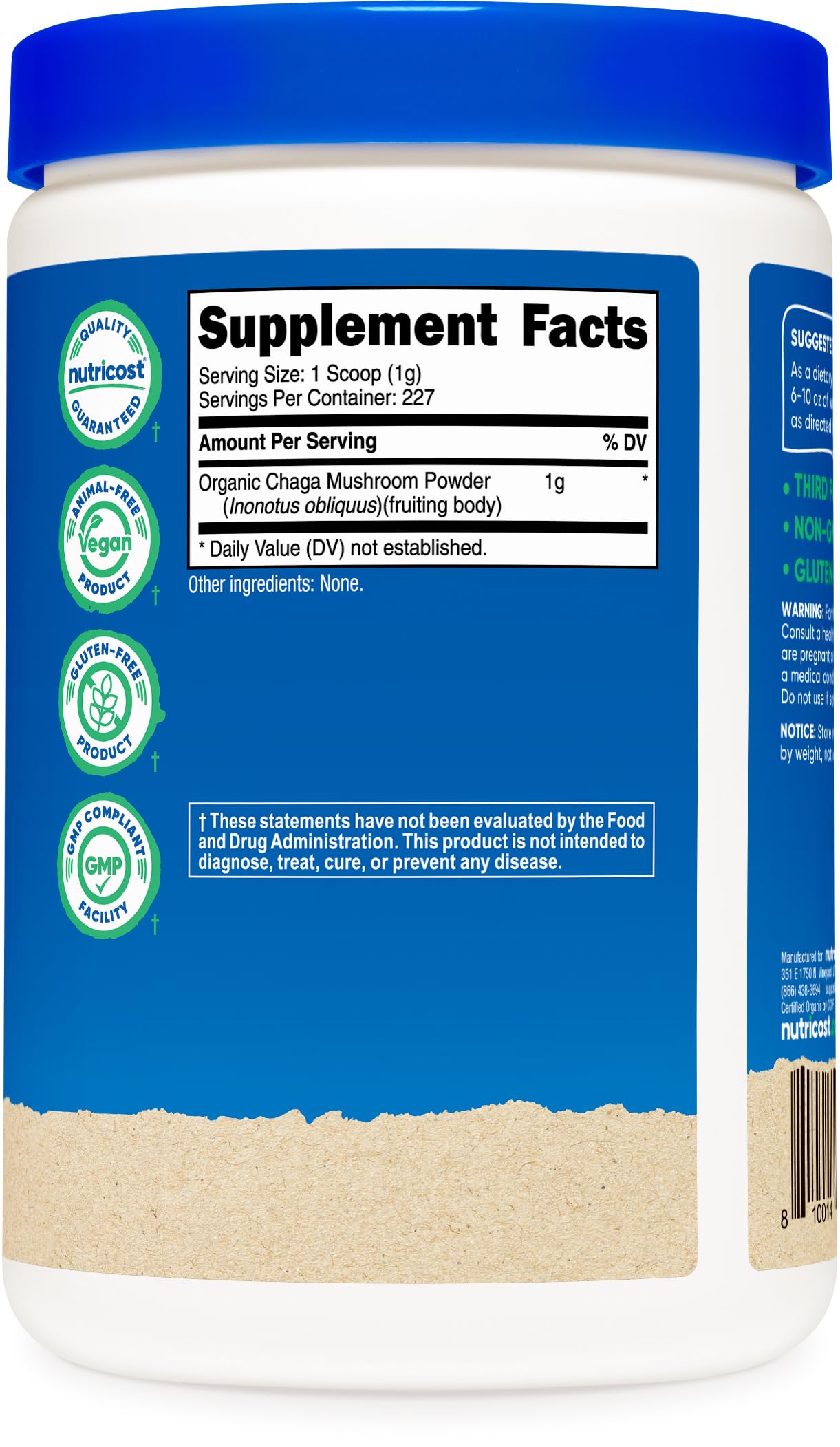 Nutricost Organic Chaga Mushroom Powder 227g packaging details
