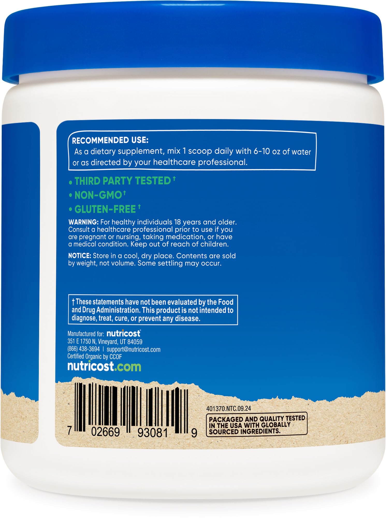 Nutricost Organic Chlorella Powder packaging details