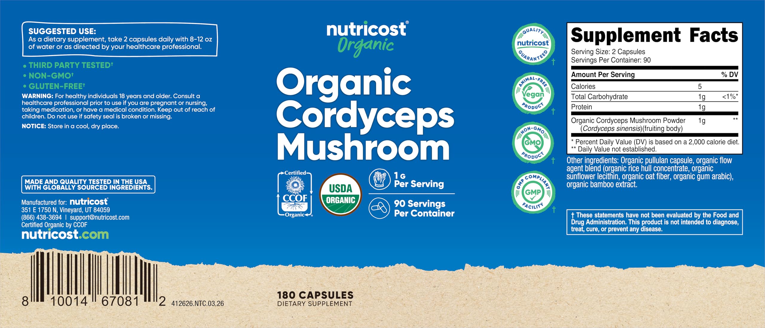 Nutricost Organic Cordyceps Mushroom Capsules ingredients overview