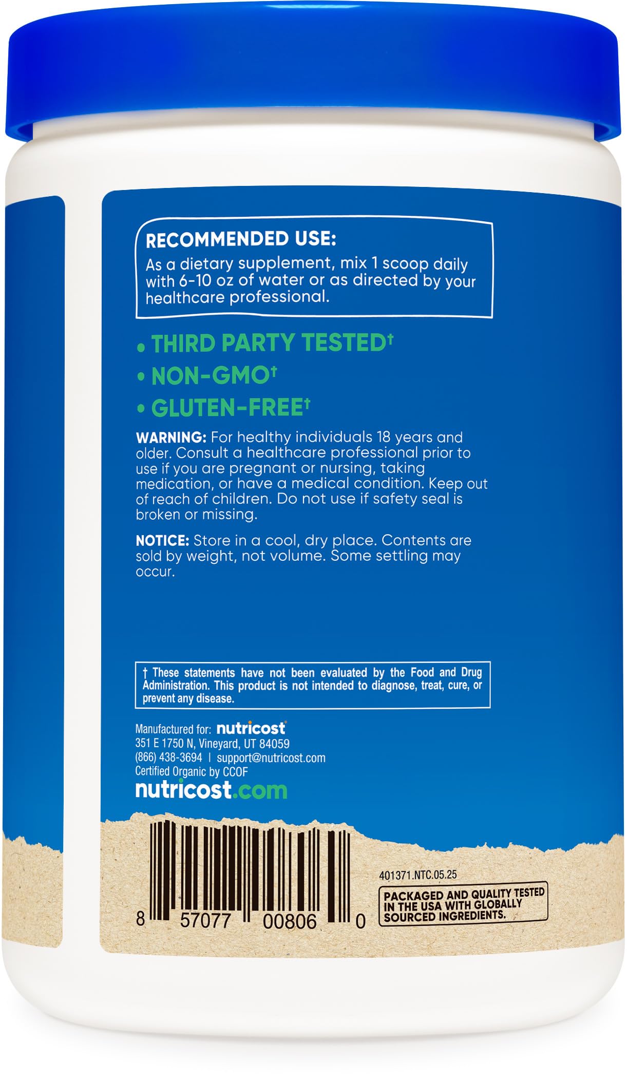 Nutricost Organic Cordyceps Mushroom Powder 250g ingredients list