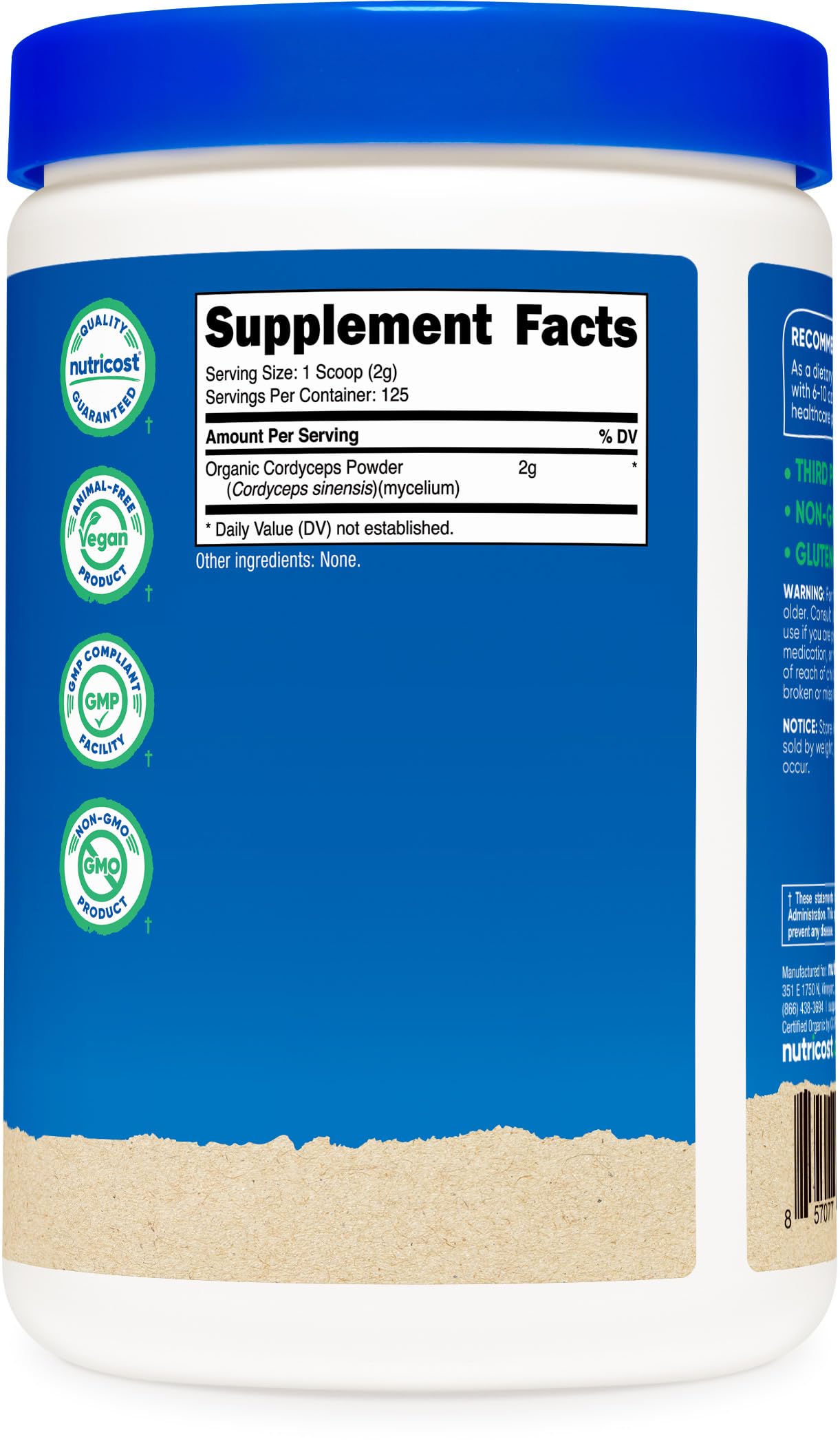 Nutricost Organic Cordyceps Mushroom Powder 250g side view