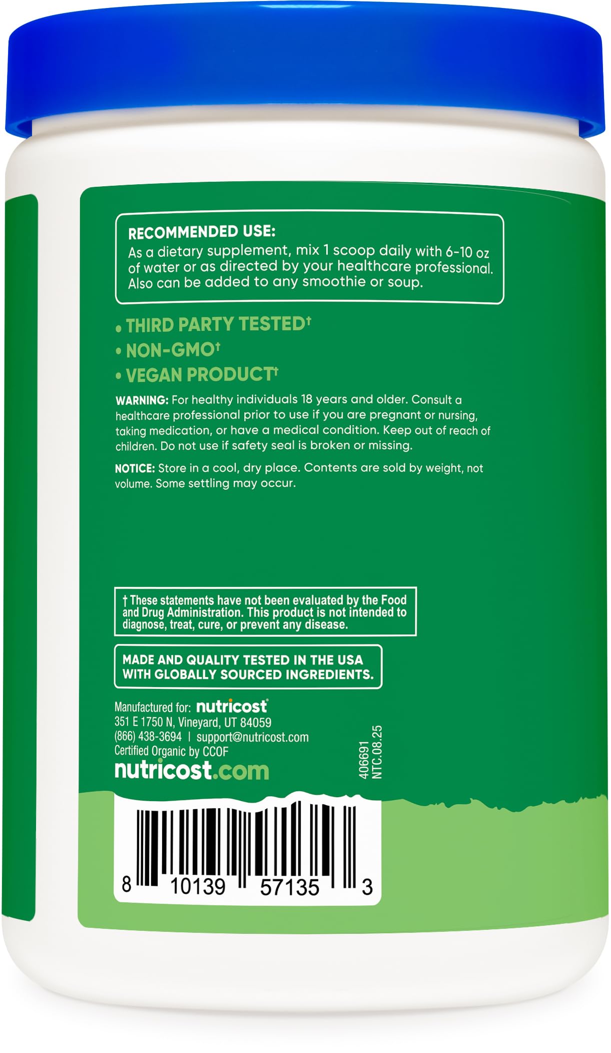 Nutricost Organic Greens Powder 381g ingredients list