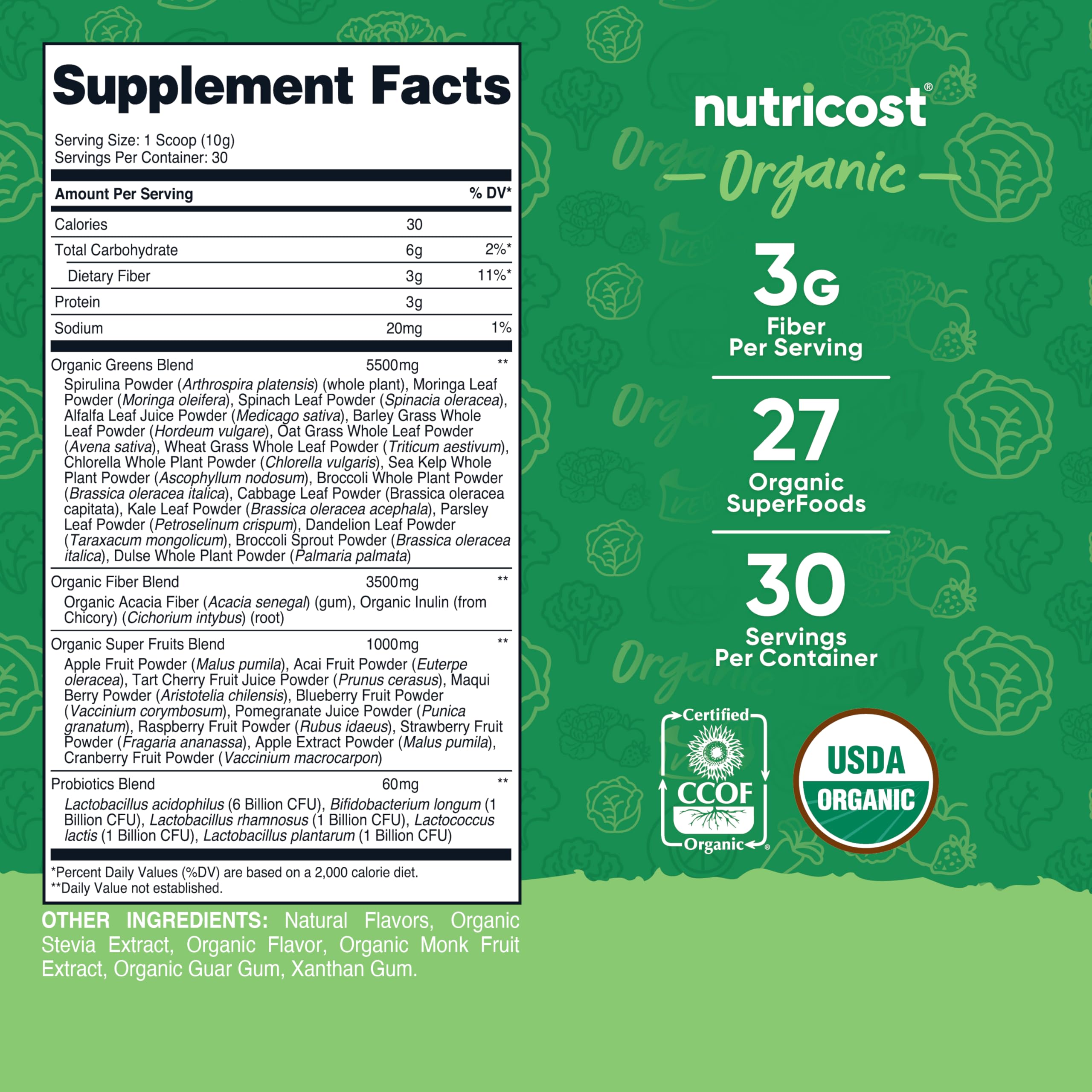 Nutricost Organic Greens Powder 381g packaging side view