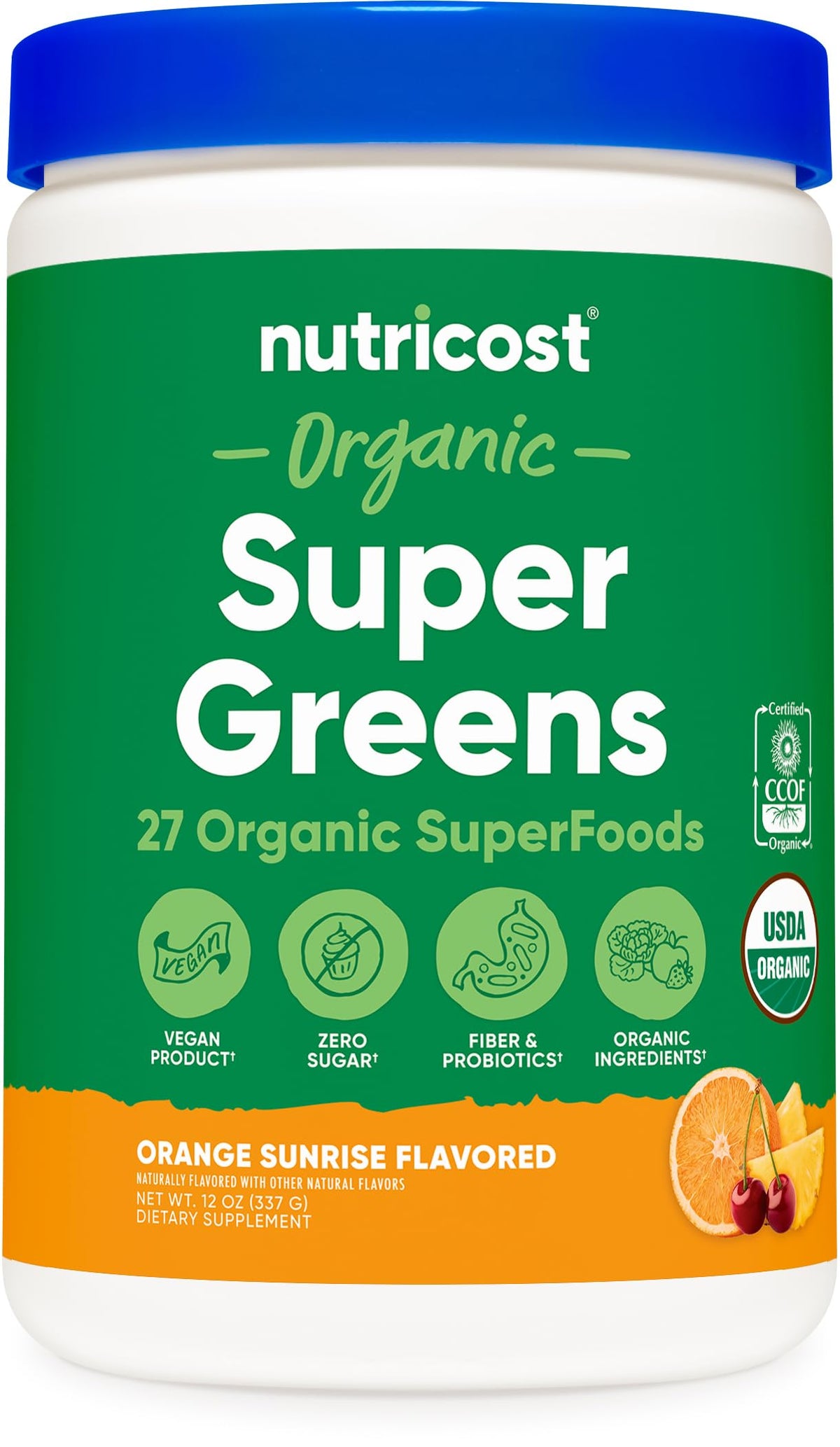 Nutricost Organic Greens Powder 408g front view with Orange Sunrise flavour