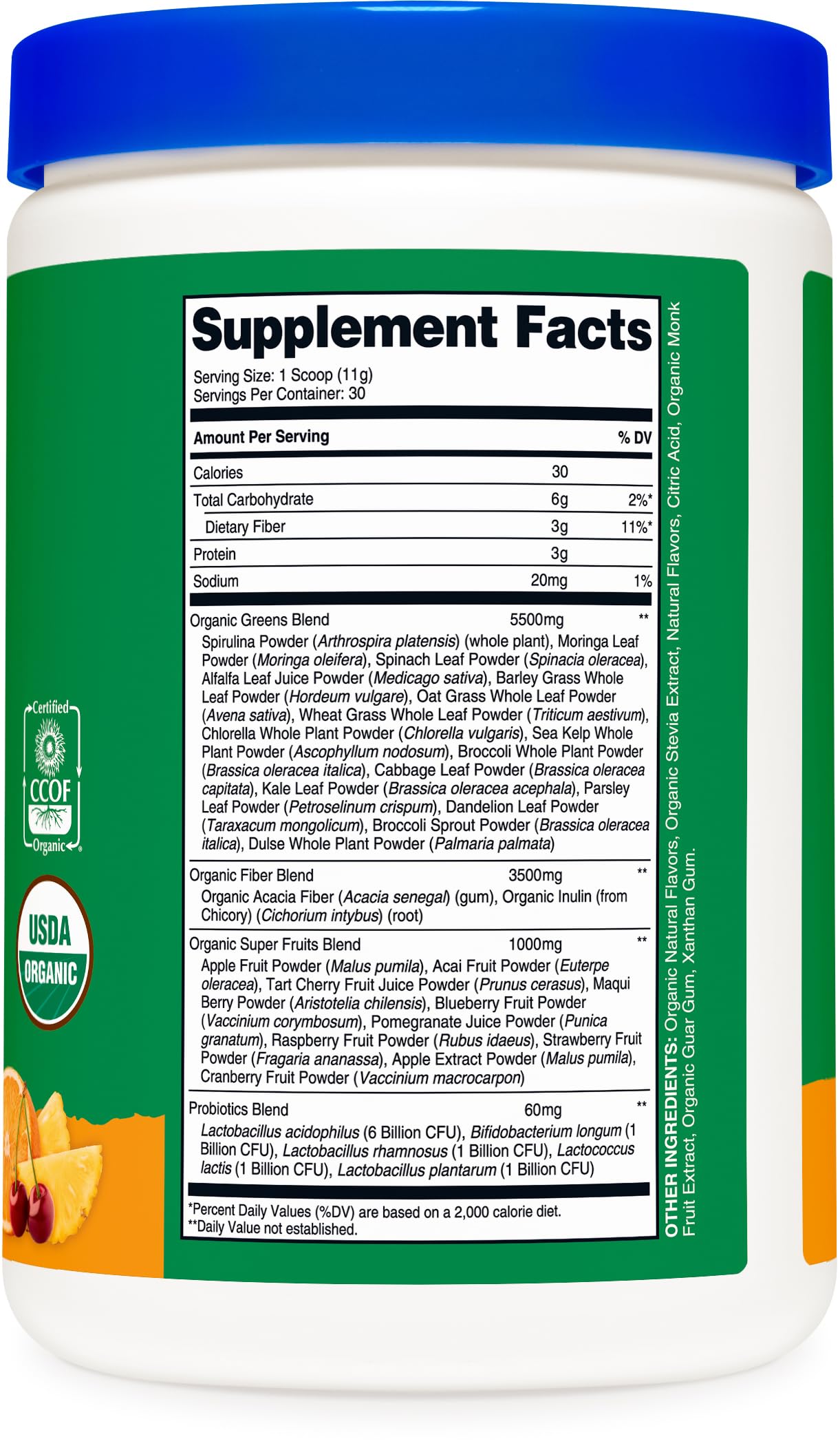Nutricost Organic Greens Powder 408g in a glass of water with fresh oranges