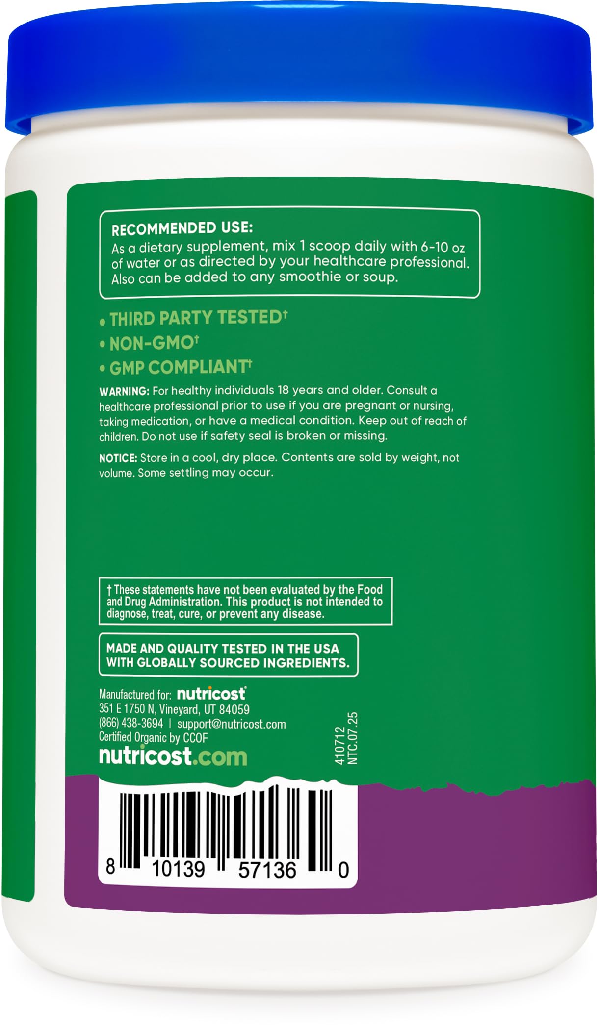 Nutricost Organic Greens Powder 408g mixed berry flavour scoop