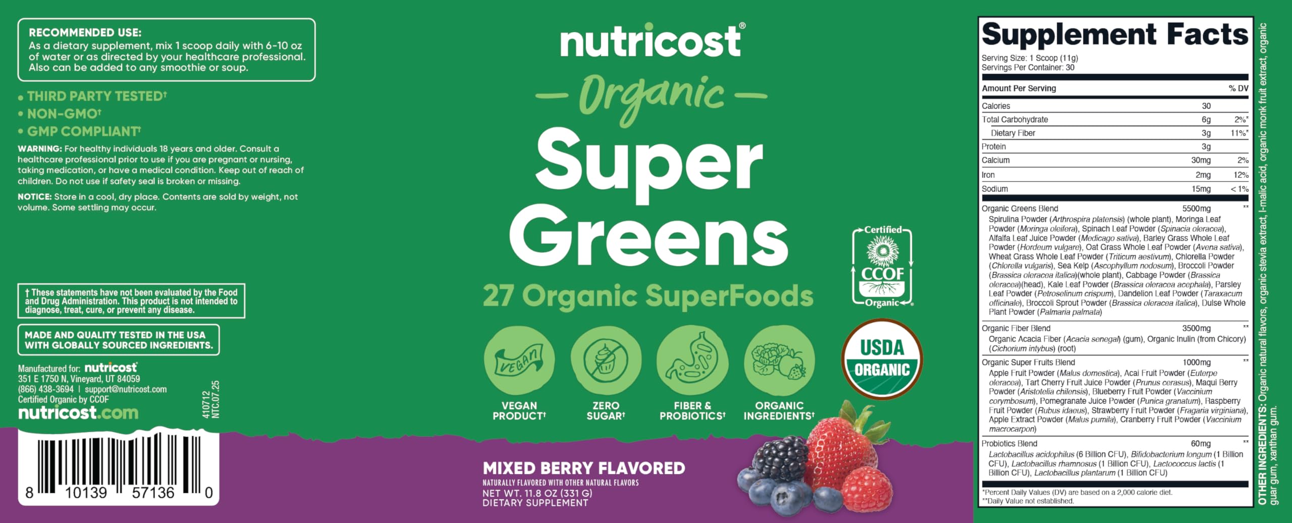 Nutricost Organic Greens Powder 408g opened with powder visible