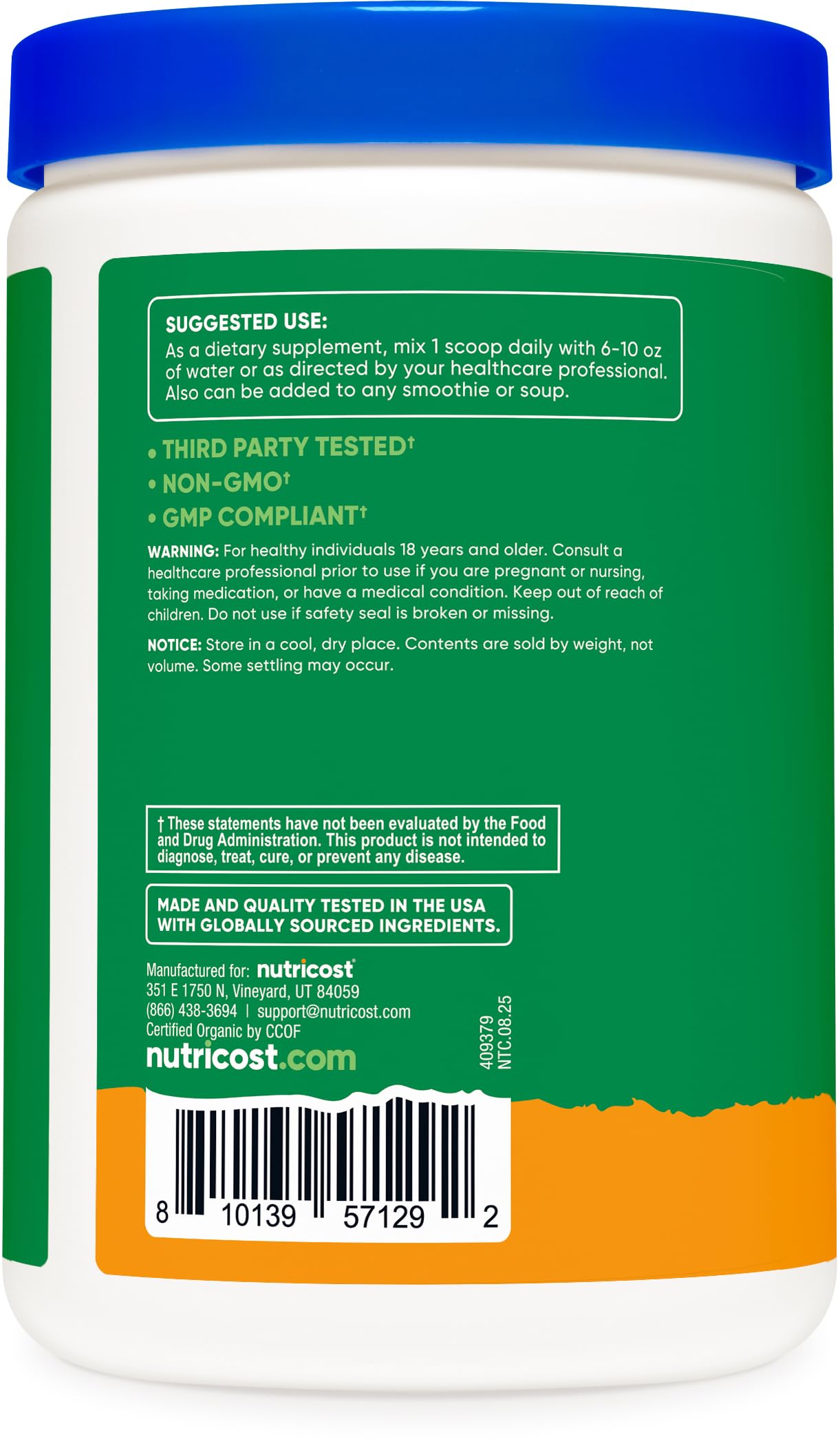 Nutricost Organic Greens Powder 408g scoop with powder on a wooden table
