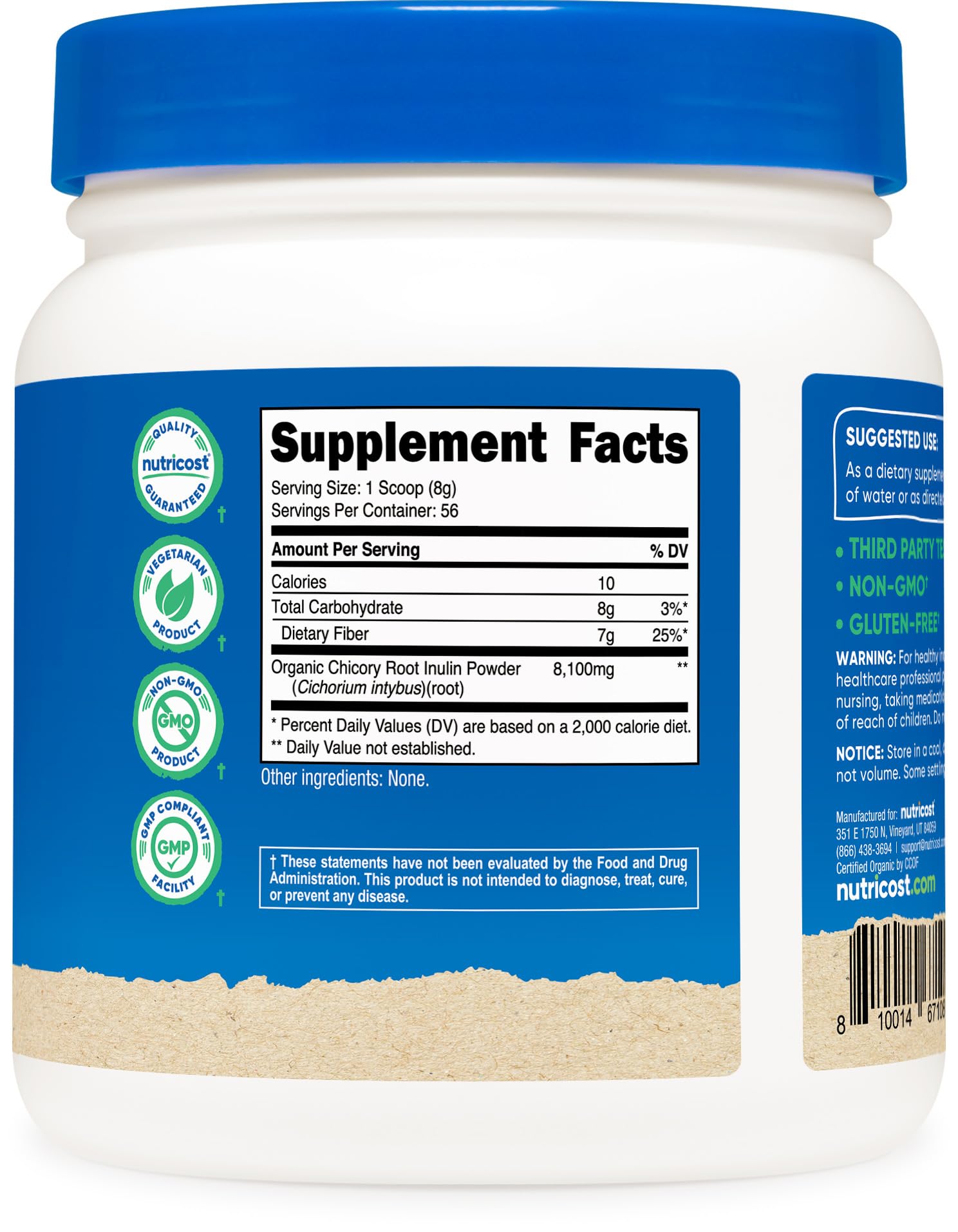 Nutricost Organic Inulin Powder 454g packaging on a kitchen counter