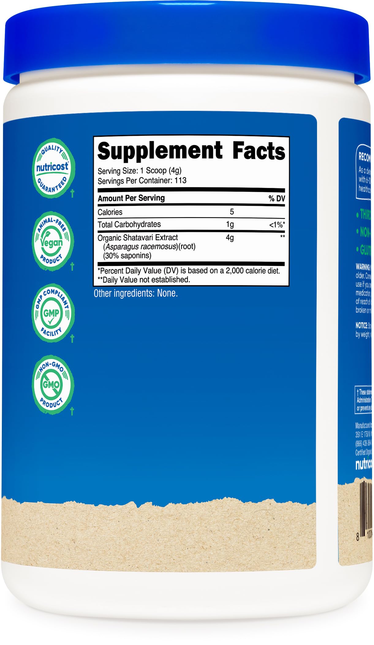 Nutricost Organic Shatavari Powder bottle with dimensions