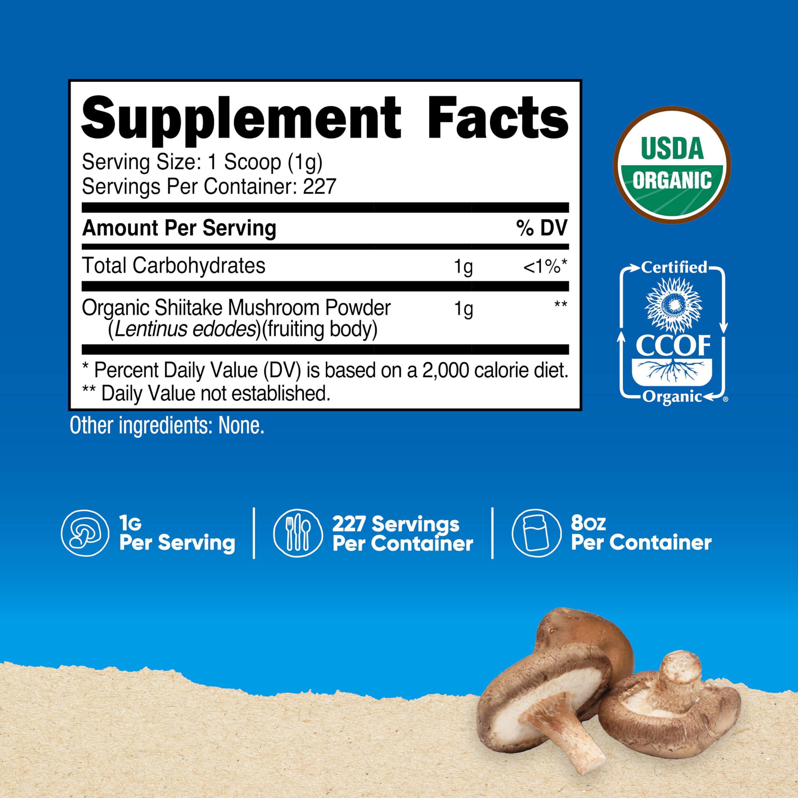 Nutricost Organic Shiitake Mushroom Powder 8oz side view with scoop