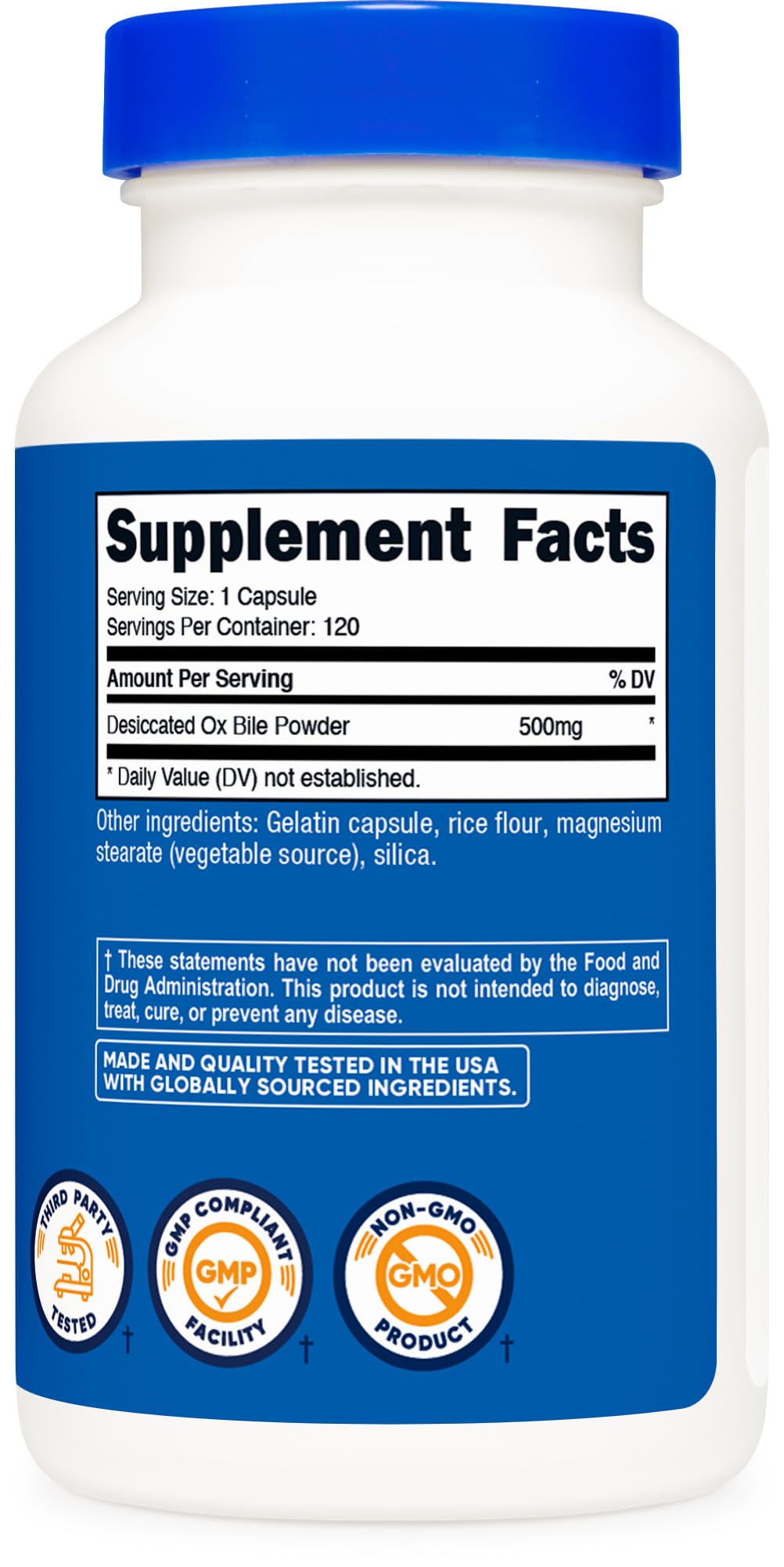 Nutricost Ox Bile 500mg Capsules bottle with measuring spoon