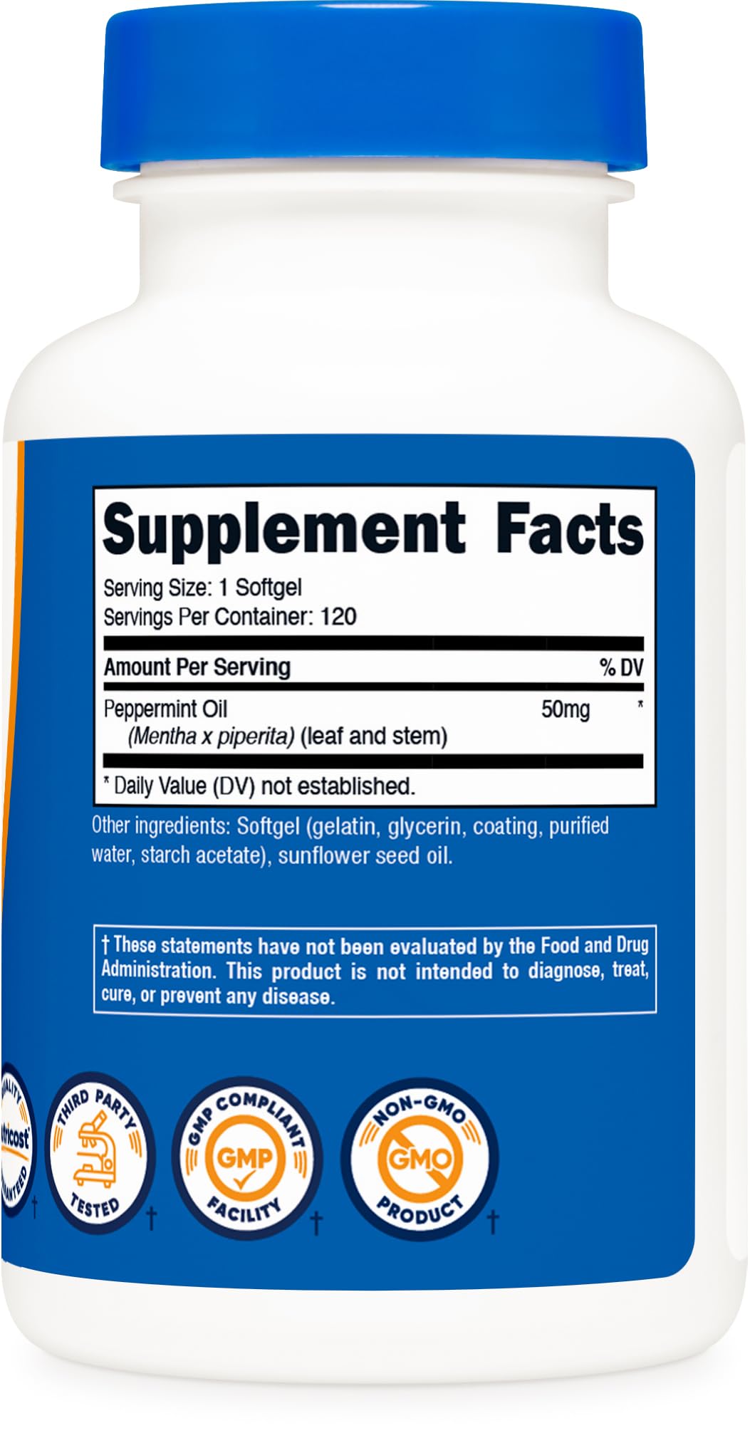 Nutricost Peppermint Oil Softgels bottle with softgels on a table
