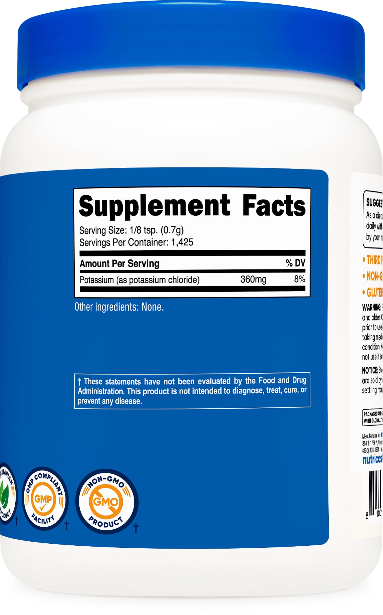 Nutricost Potassium Chloride 1 KG bottle with ingredients list