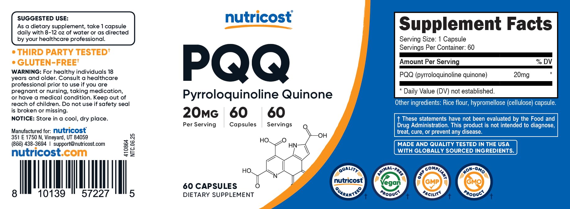 Nutricost Pyrroloquinoline Quinone 20mg capsules on a wooden table