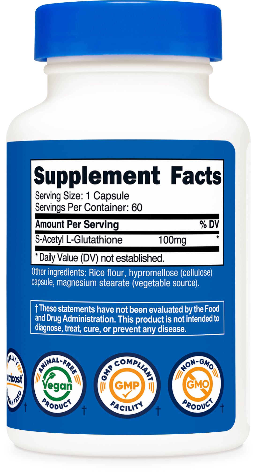 Nutricost S-Acetyl-L-Glutathione bottle with a measuring spoon
