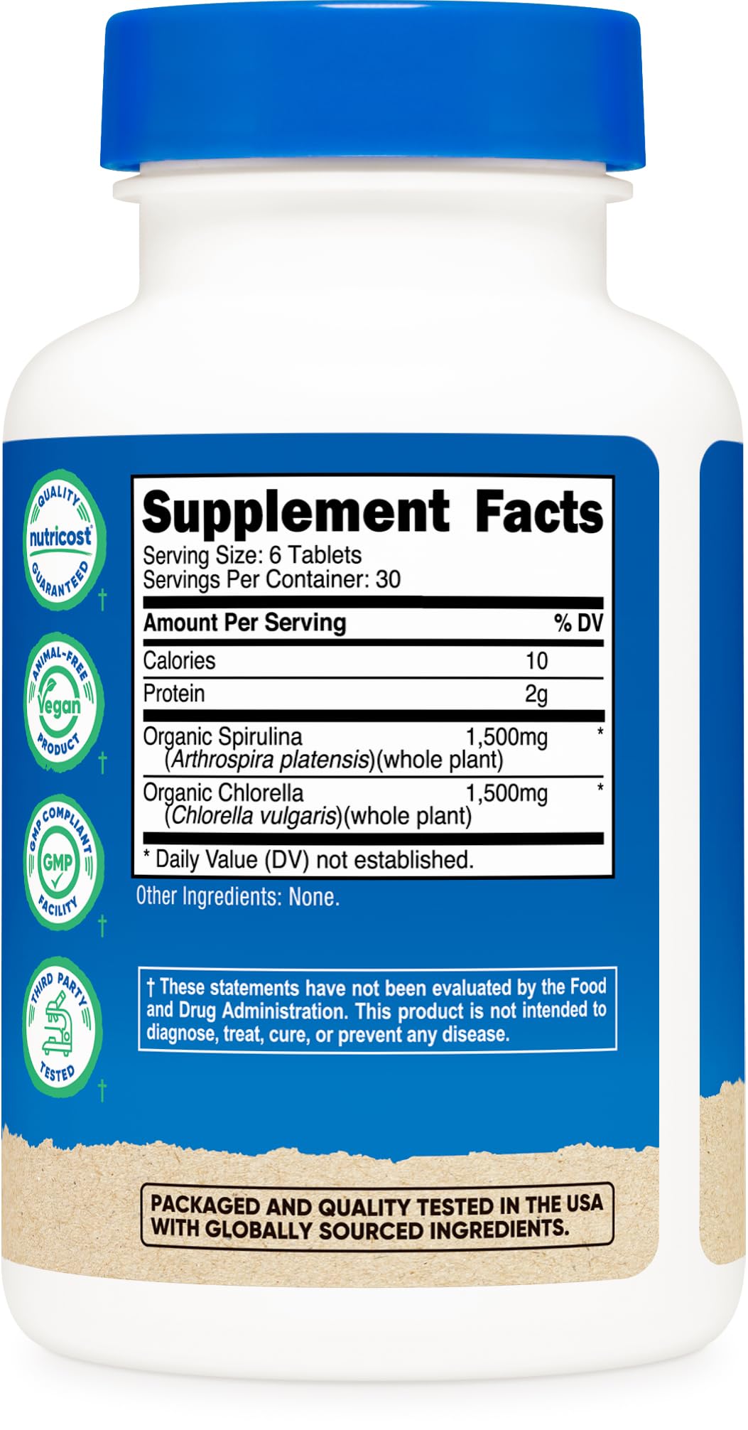 Nutricost Spirulina and Chlorella Tablets on a wooden table