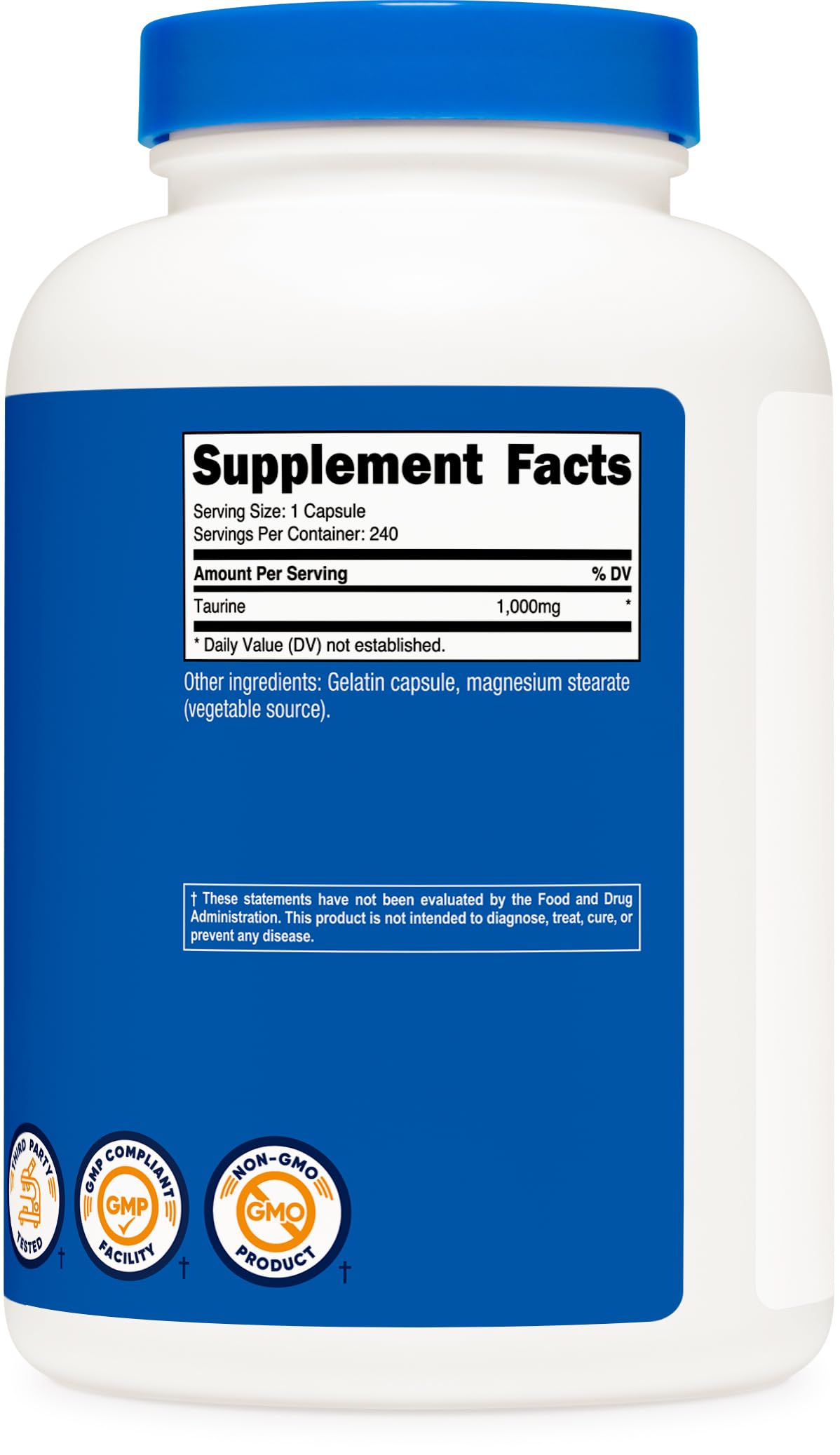 Nutricost Taurine Capsules 1000mg displayed on a table