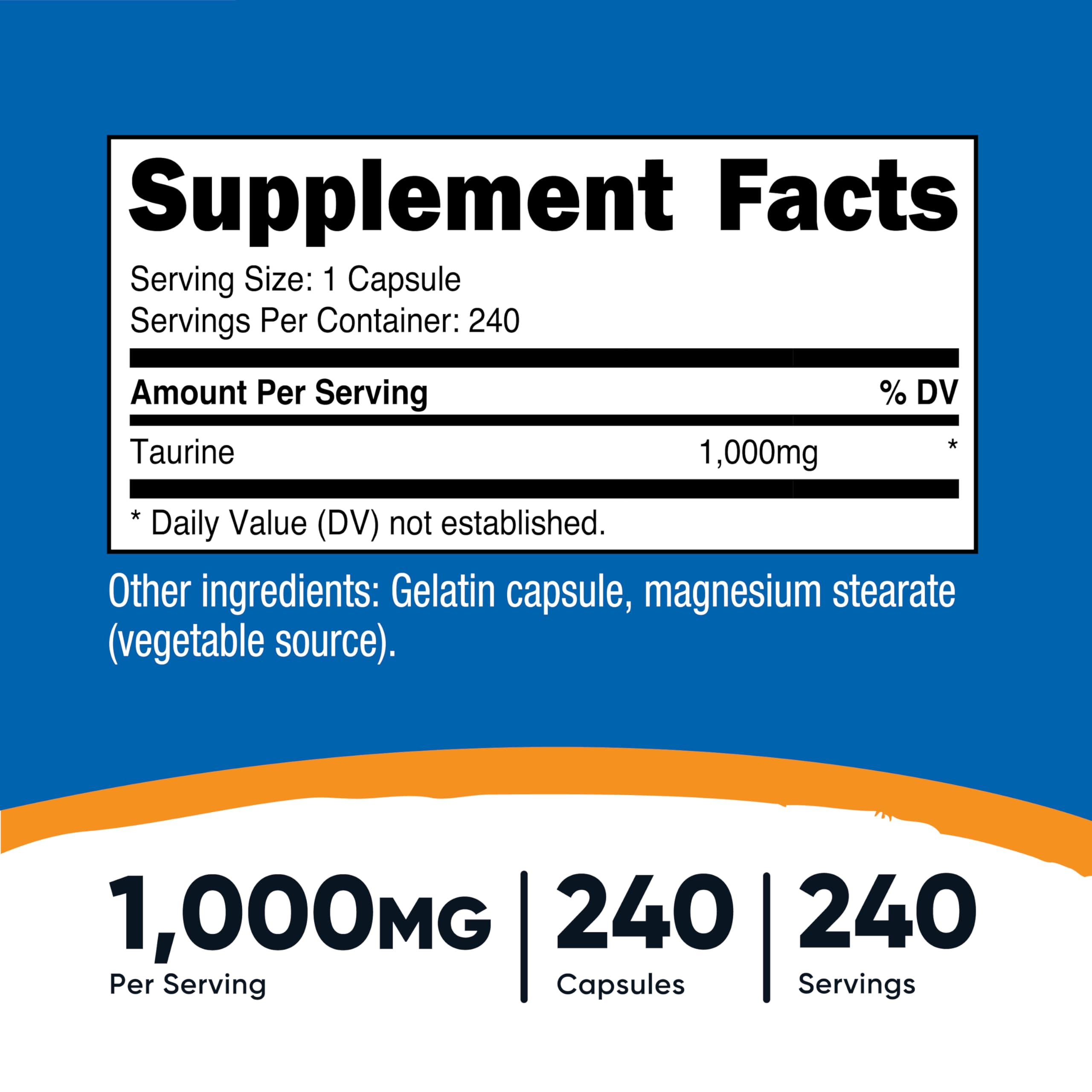 Nutricost Taurine Capsules 1000mg side view with label