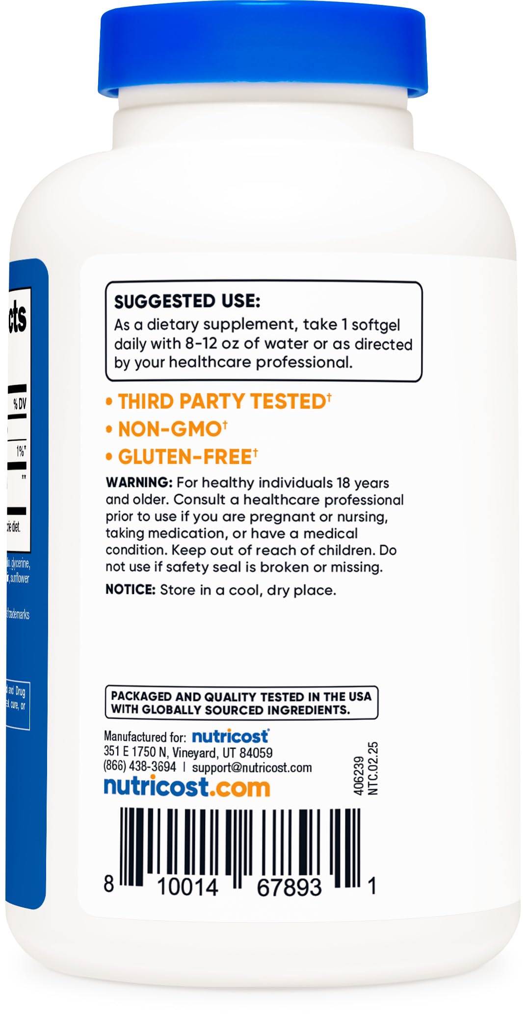Nutricost Ubiquinol Softgels 100mg back view showing ingredients