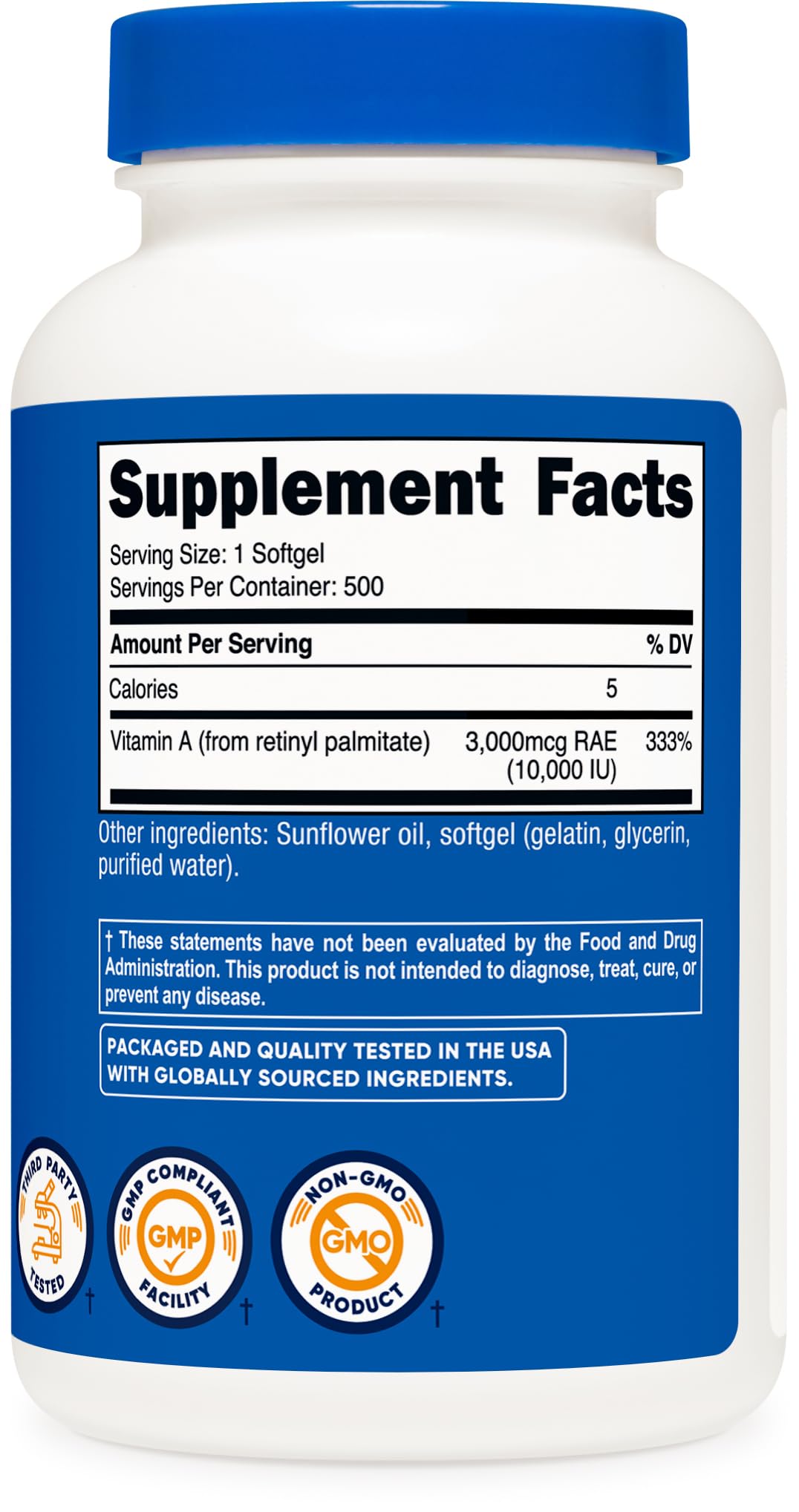 Nutricost Vitamin A Softgels open bottle showing softgels