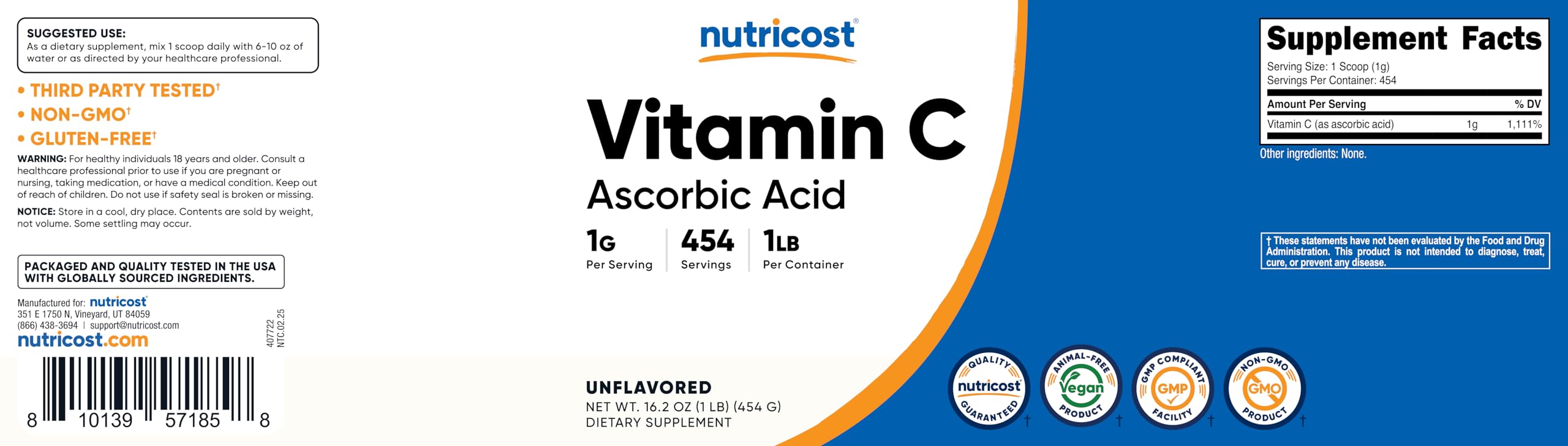 Nutricost Vitamin C Powder nutritional information