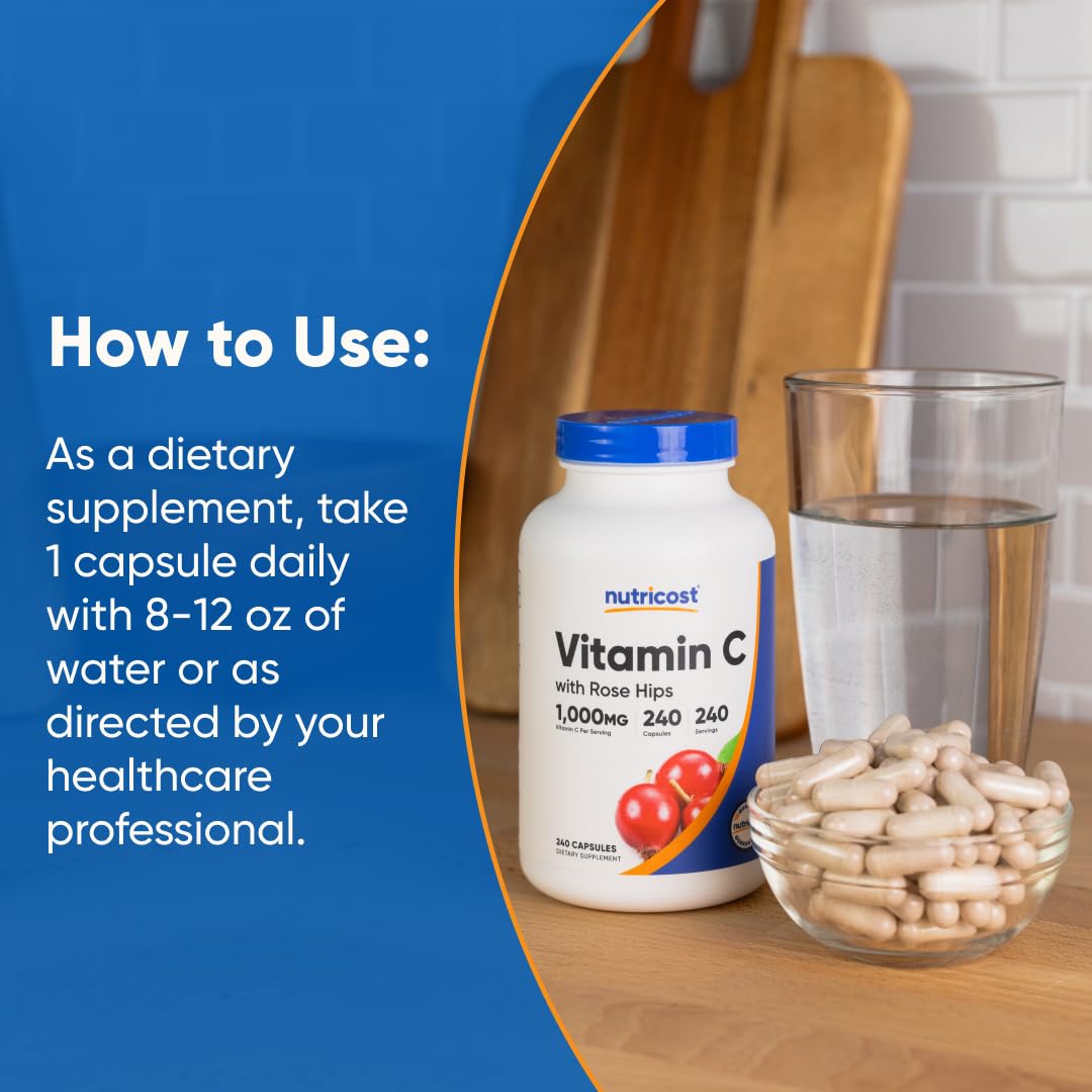Nutricost Vitamin C with Rose Hip bottle on a table