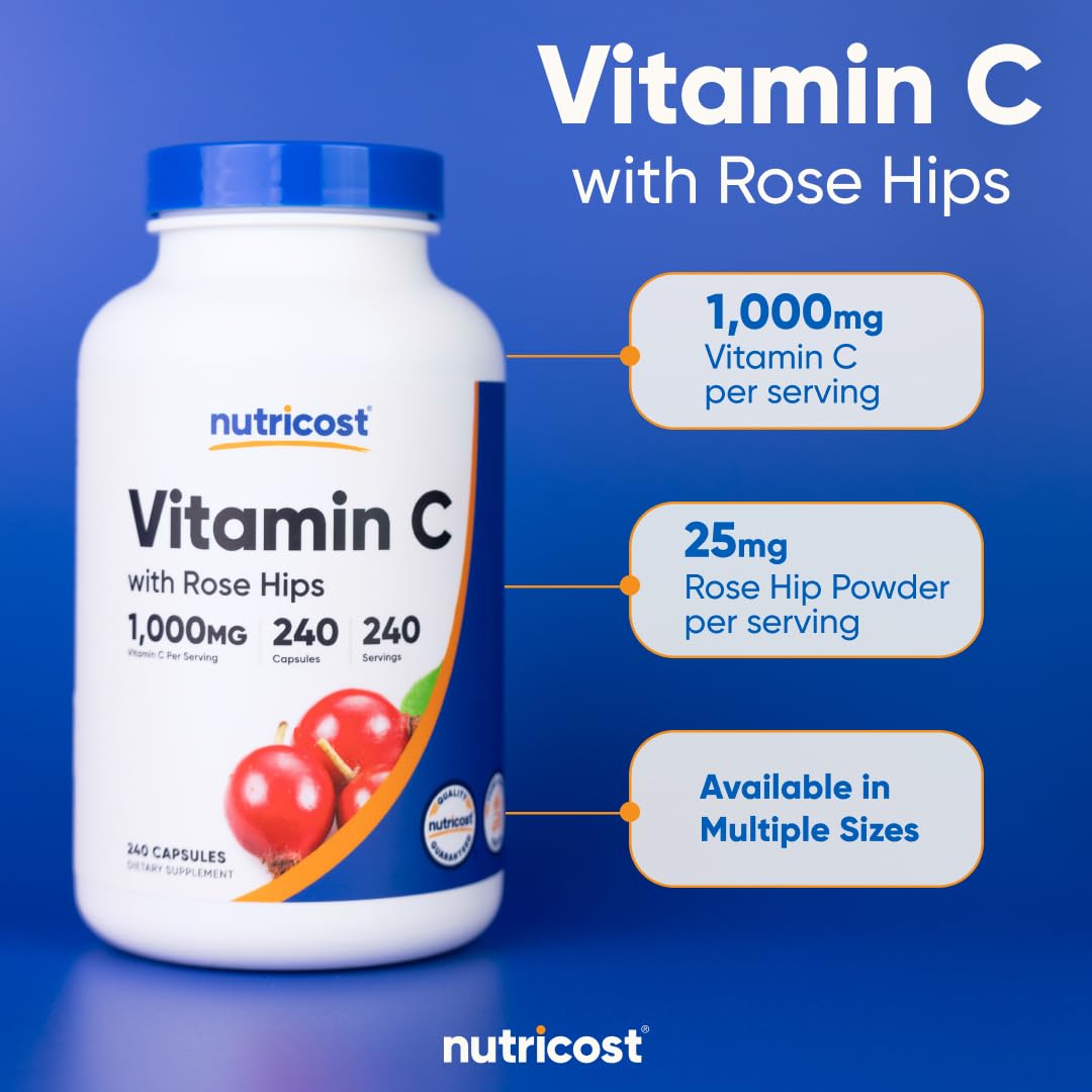 Nutricost Vitamin C with Rose Hip capsules in hand