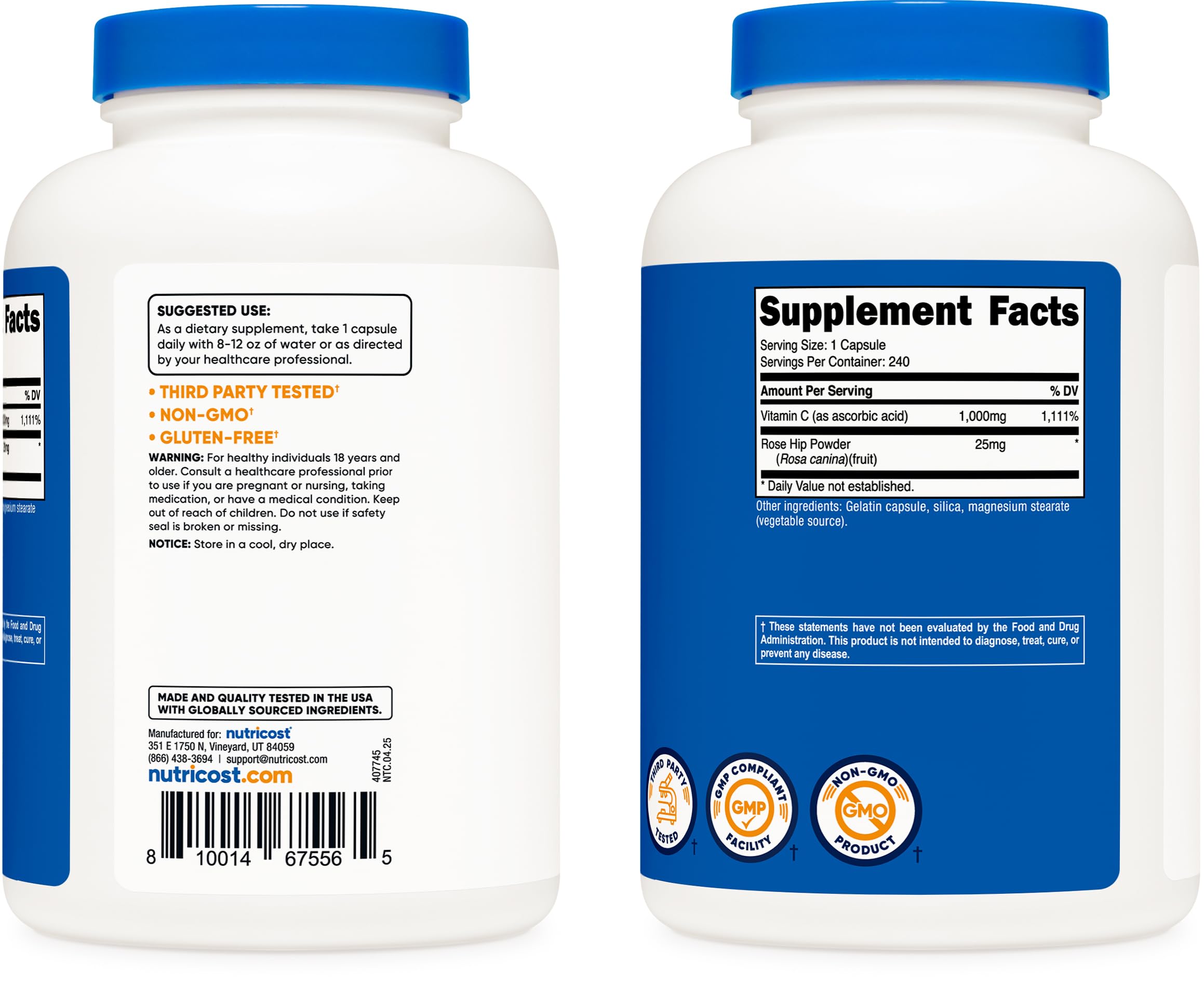 Nutricost Vitamin C with Rose Hip supplement facts