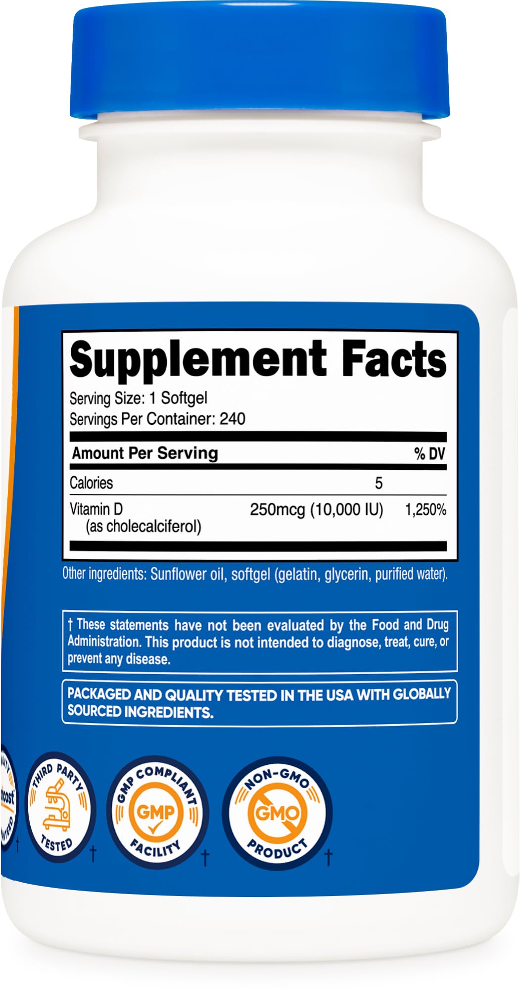 Nutricost Vitamin D3 bottle back view with ingredients