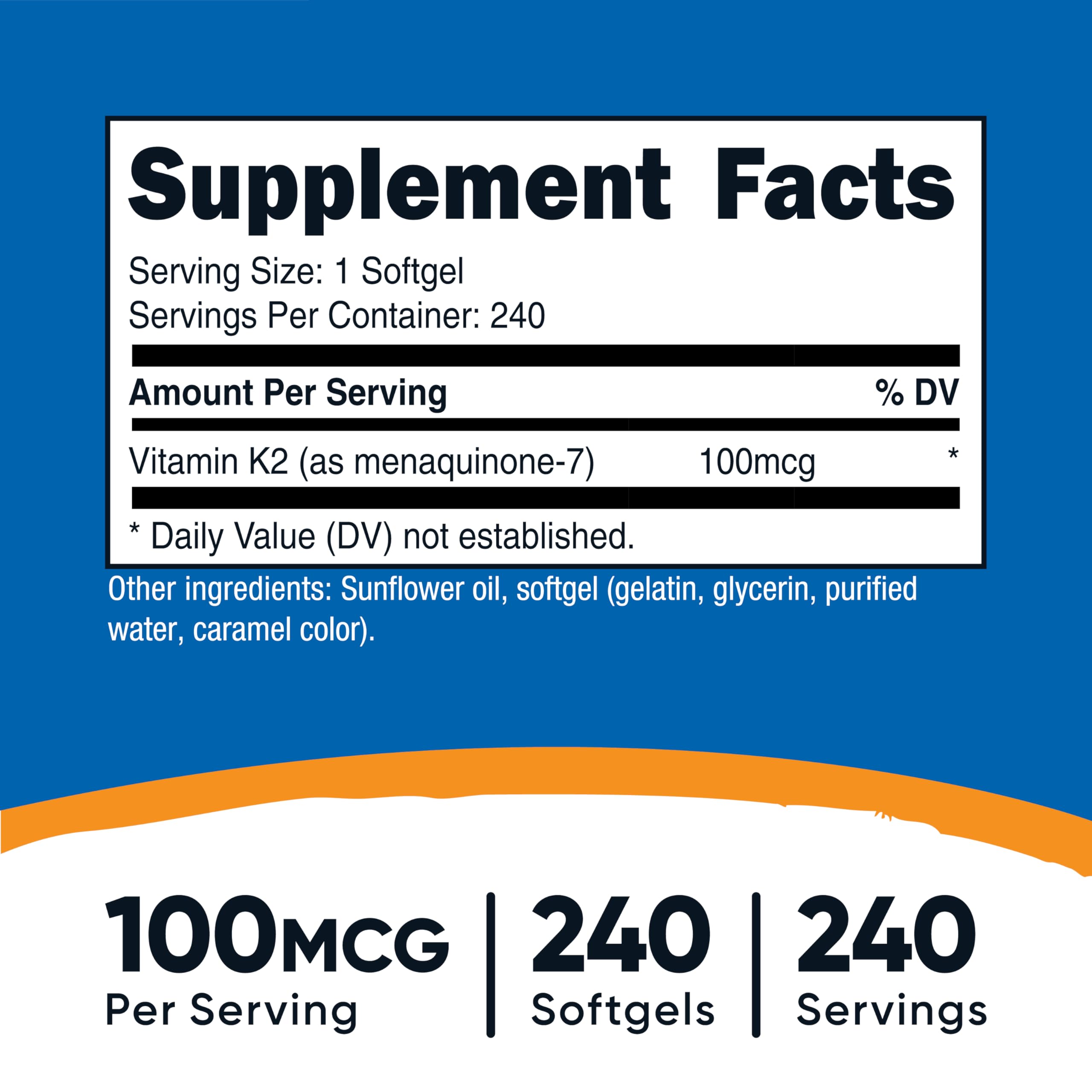 Nutricost Vitamin K2 MK-7 Softgels side view with dosage details