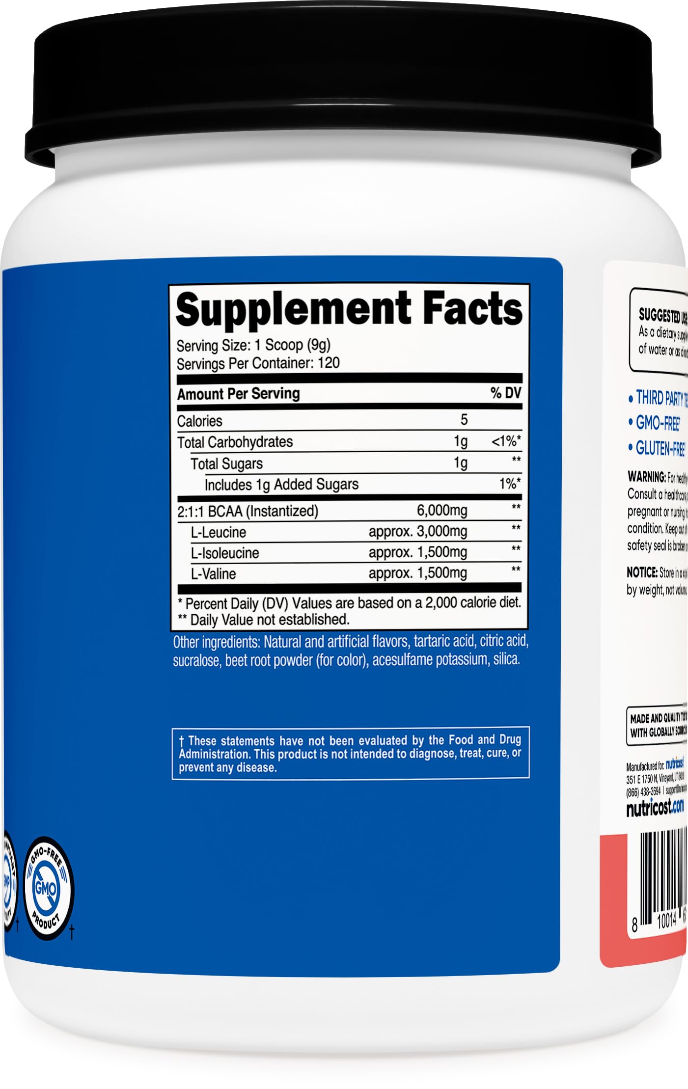Nutricost Watermelon BCAA Powder nutritional information on label