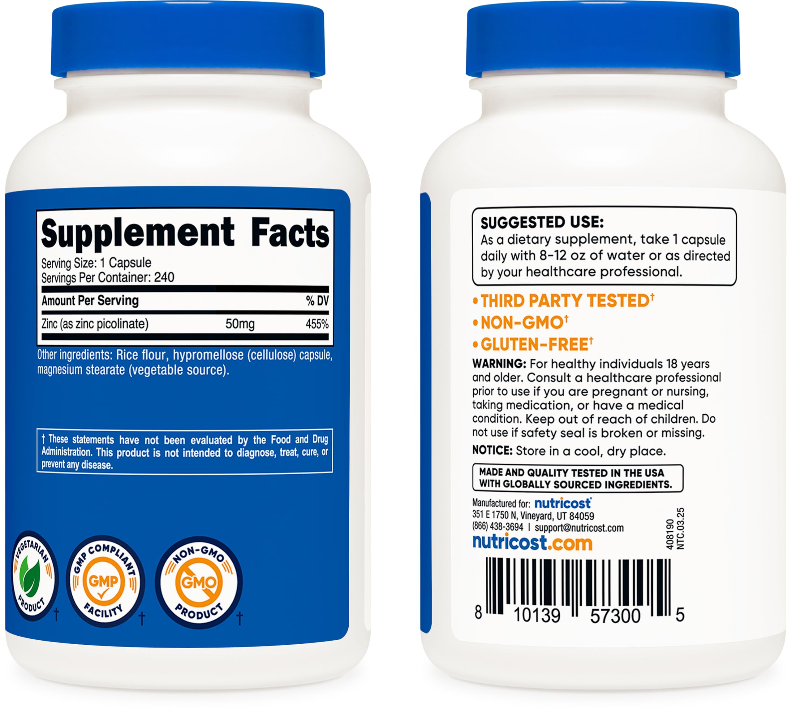 Nutricost Zinc Picolinate 50mg packaging details