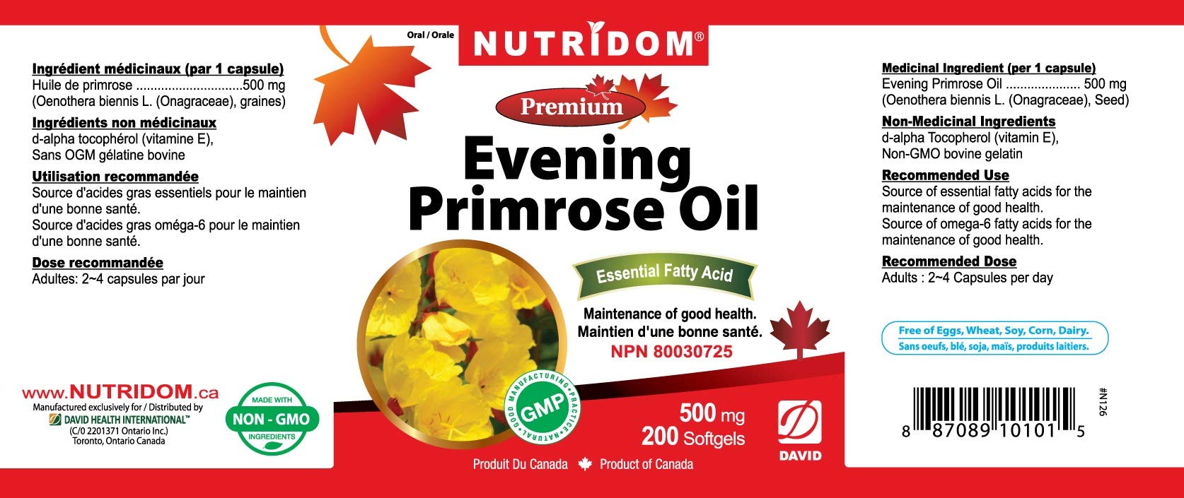 Nutridom Evening Primrose Oil 168g back view with ingredients
