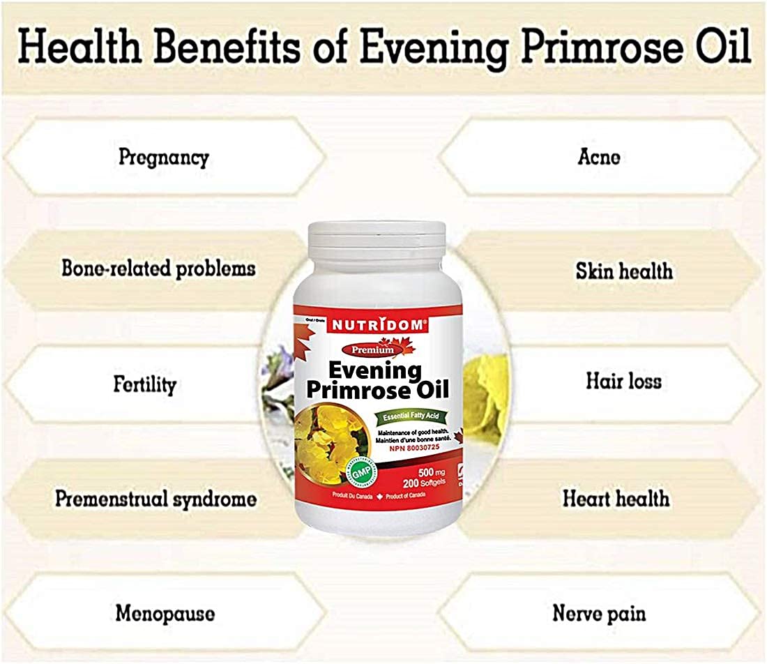 Nutridom Evening Primrose Oil 168g bottle on a wooden table