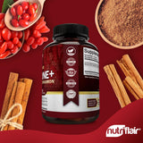 NutriFlair Berberine HCL 1200mg with Ceylon Cinnamon capsules on a wooden table