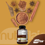 NutriFlair Ceylon Cinnamon capsules on a wooden table