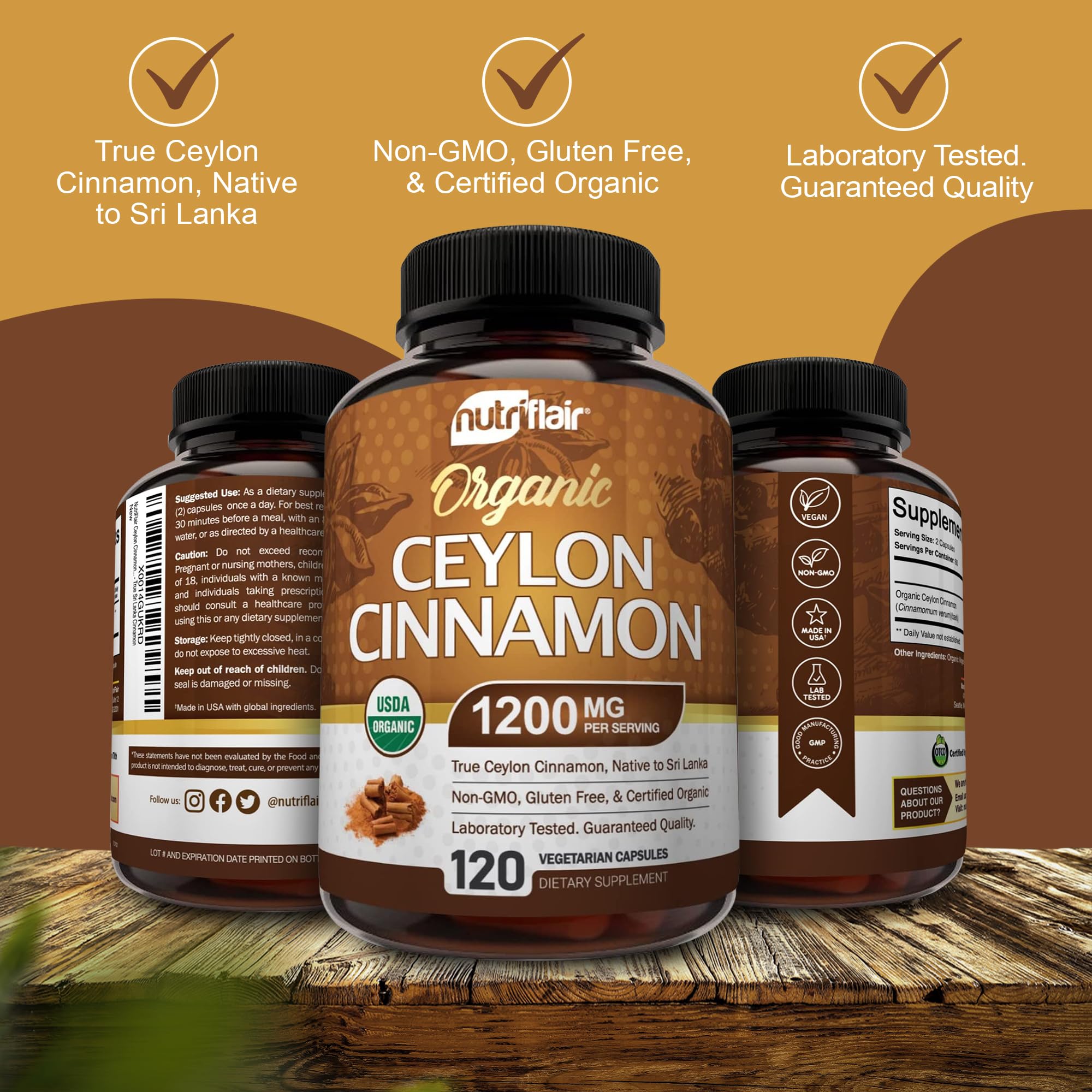 NutriFlair Ceylon Cinnamon capsules on wooden table