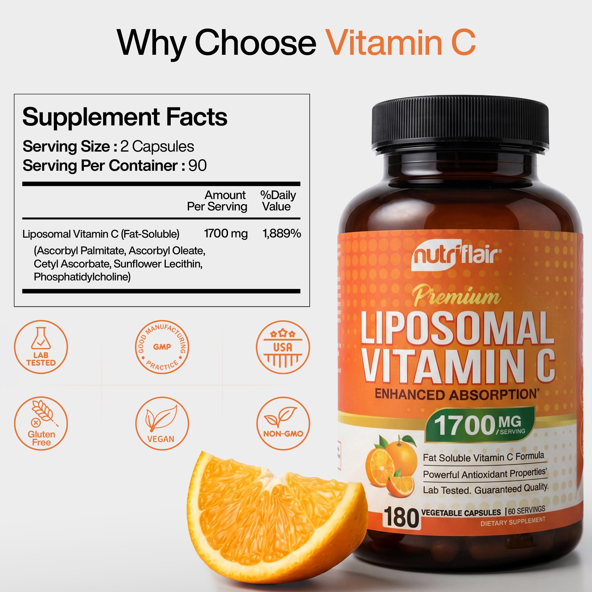 NutriFlair Liposomal Vitamin C 1700mg product details on table