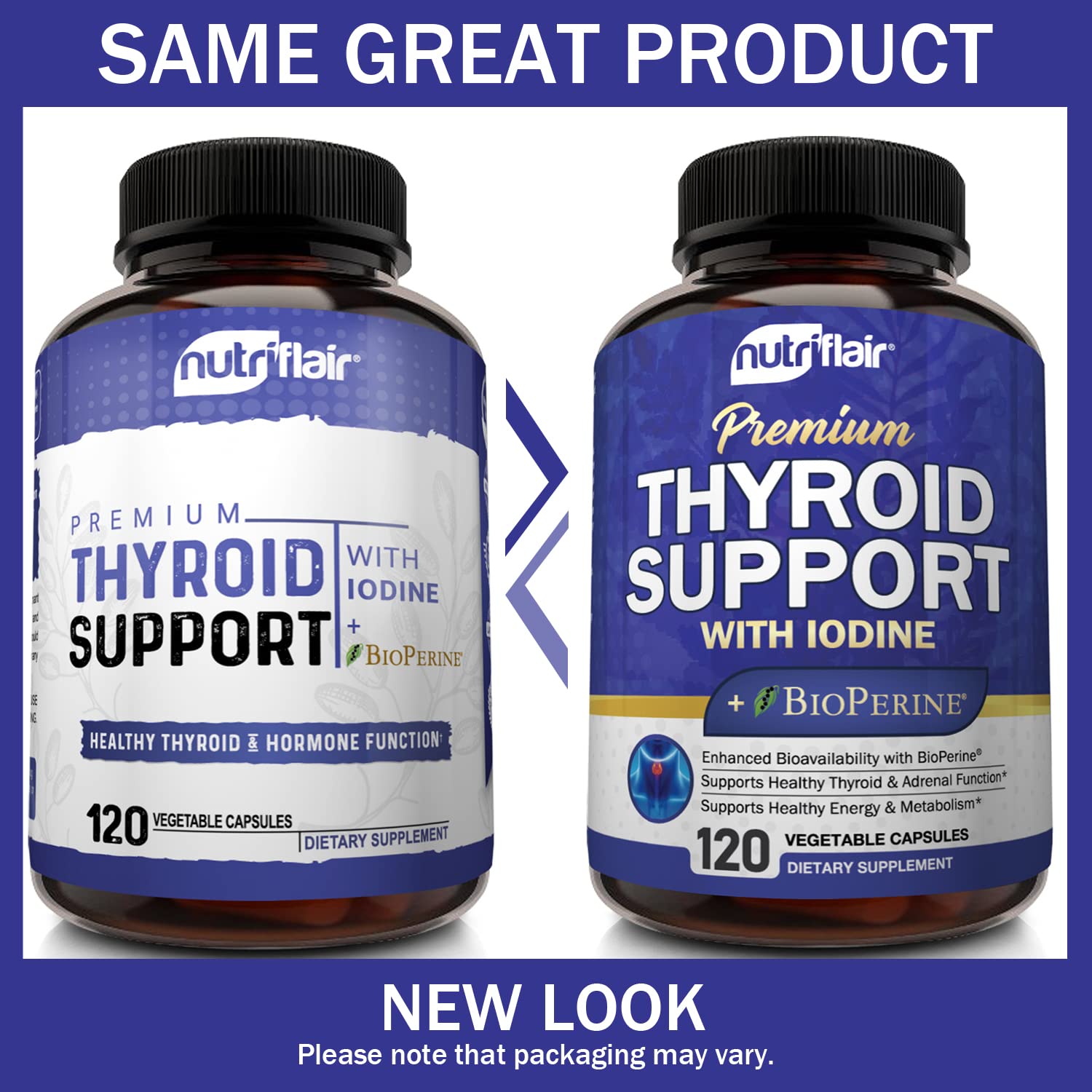 NutriFlair Thyroid Support Supplement capsules on a wooden table
