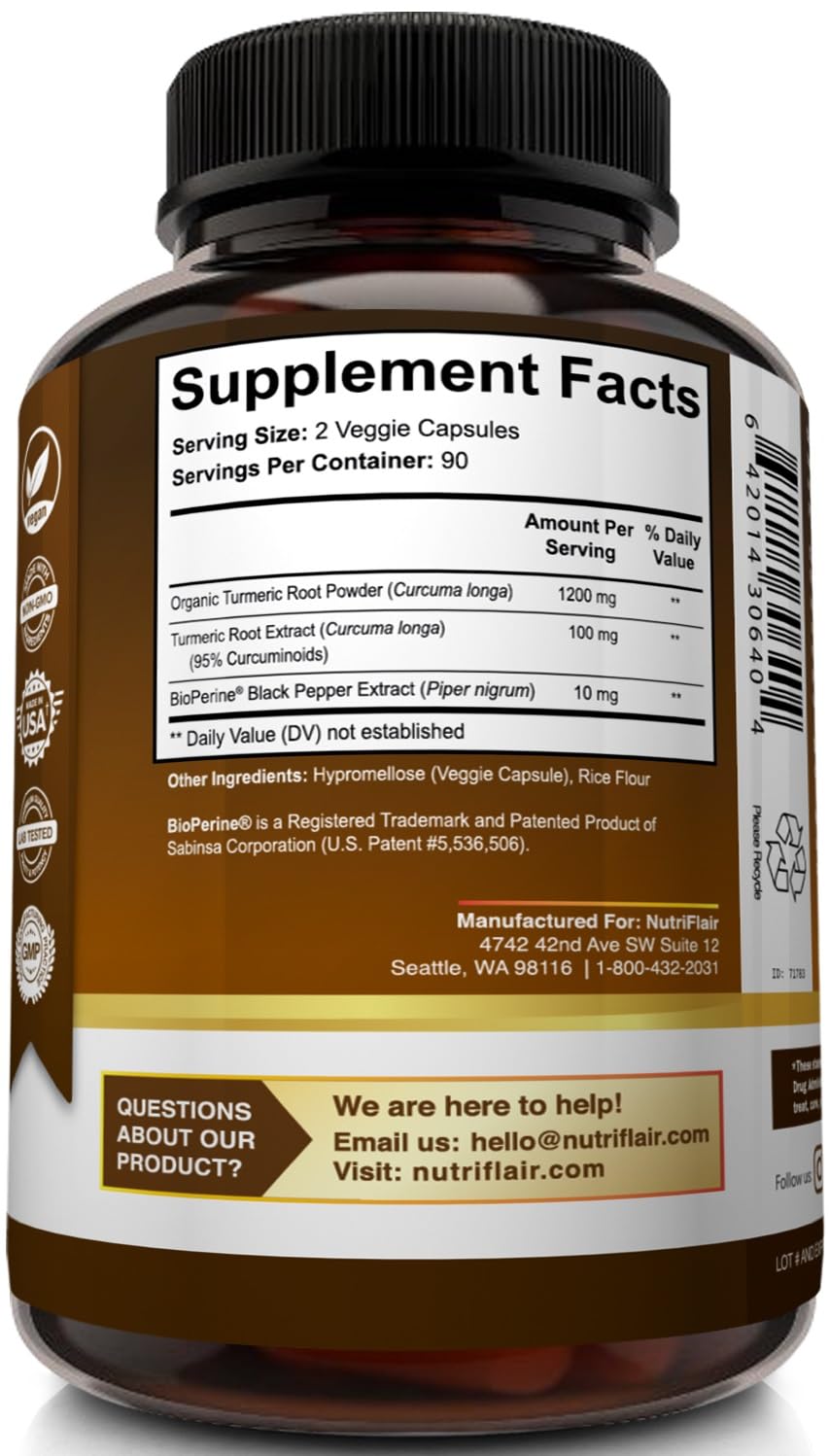 NutriFlair Turmeric Curcumin capsules in a hand