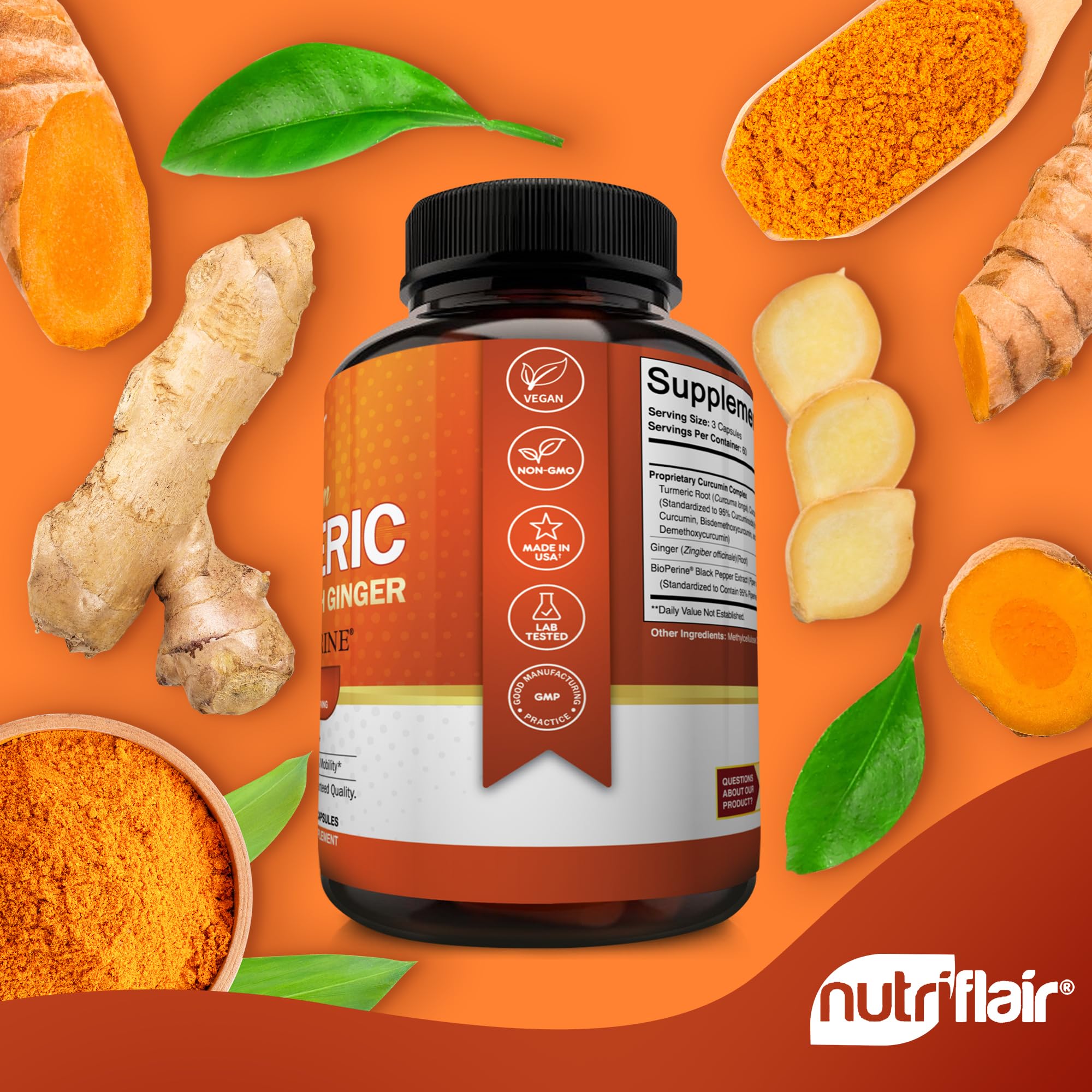 NutriFlair Turmeric Curcumin capsules on a wooden table
