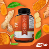 NutriFlair Turmeric Curcumin capsules on a wooden table